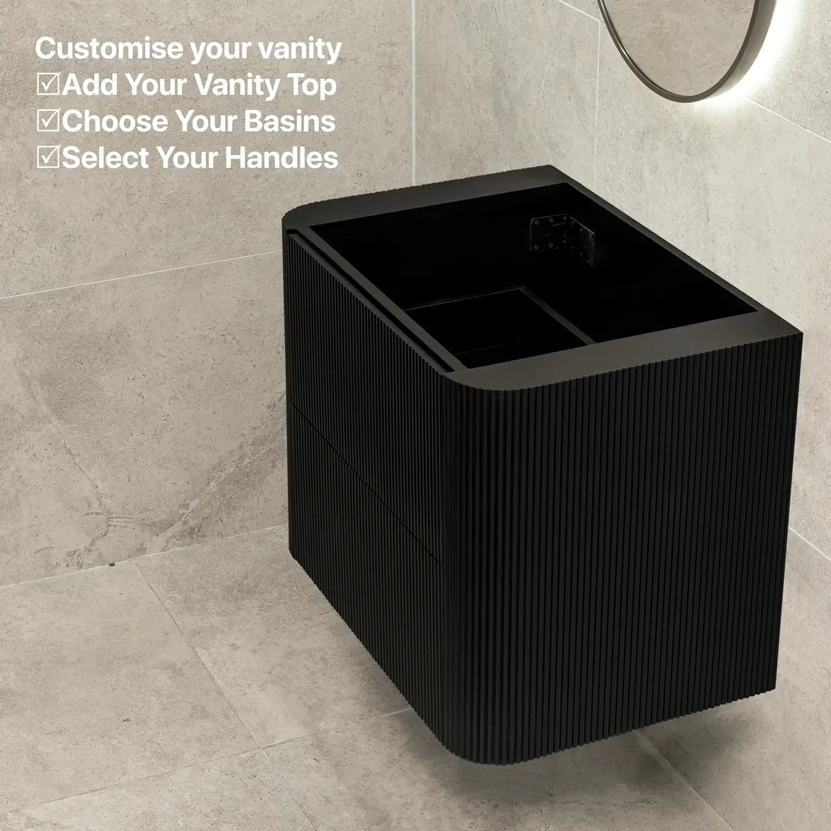 *Clearance* Tura Groove 750mm Curved Wall Hung Vanity Cabinet, Matte Black - Image 7