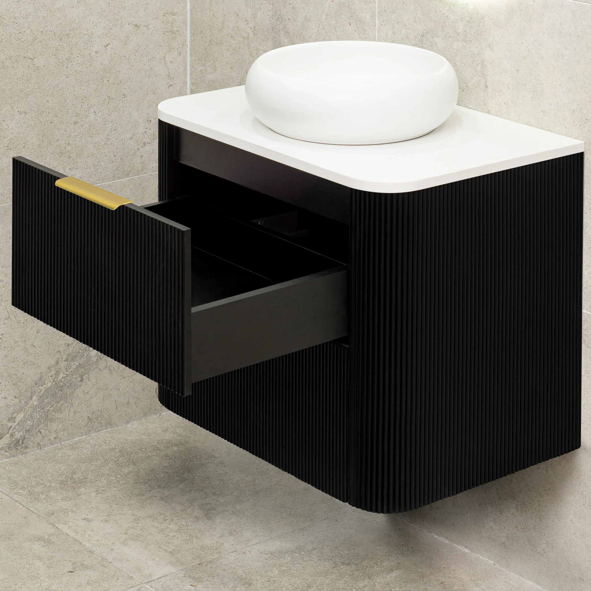 *Clearance* Tura Groove 750mm Curved Wall Hung Vanity Cabinet, Matte Black - Image 8