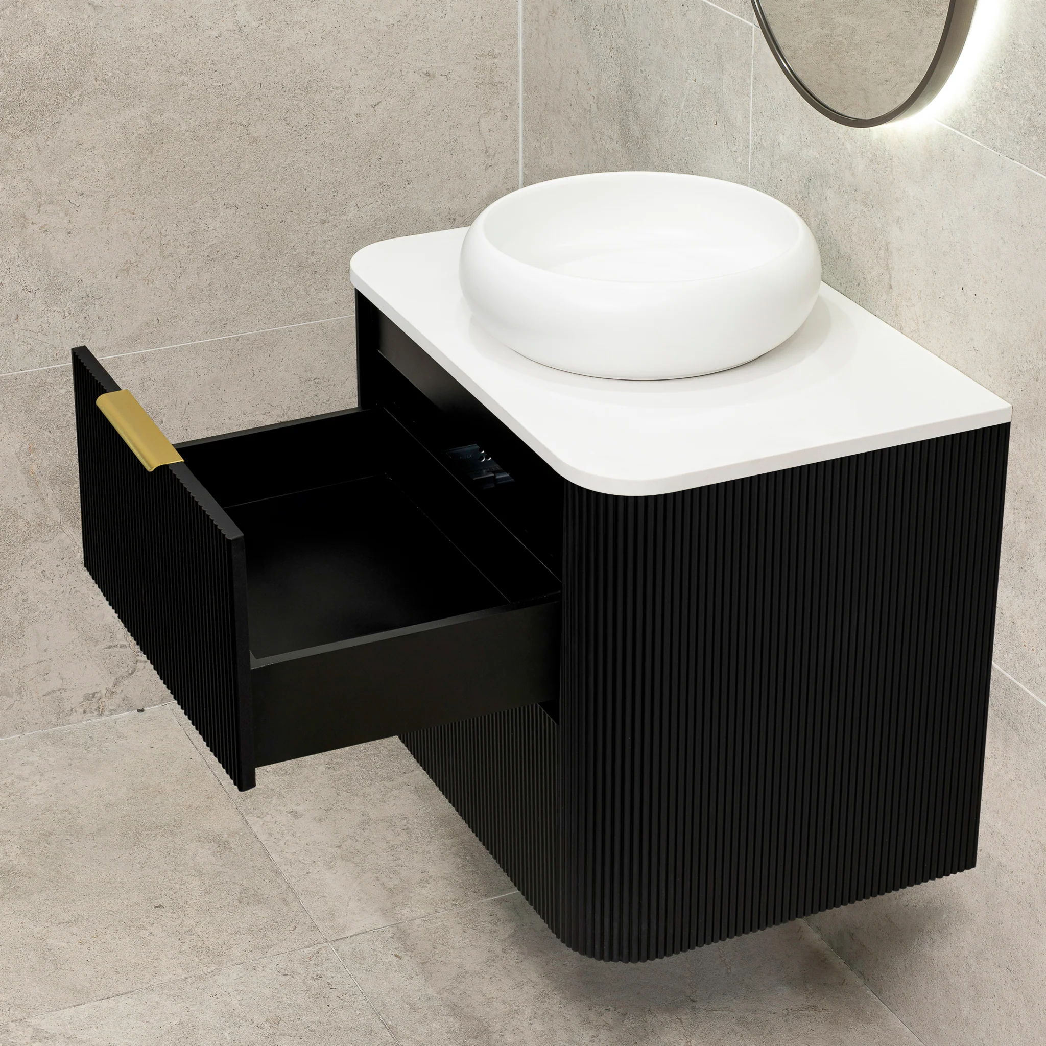 *Clearance* Tura Groove 750mm Curved Wall Hung Vanity Cabinet, Matte Black - Image 9