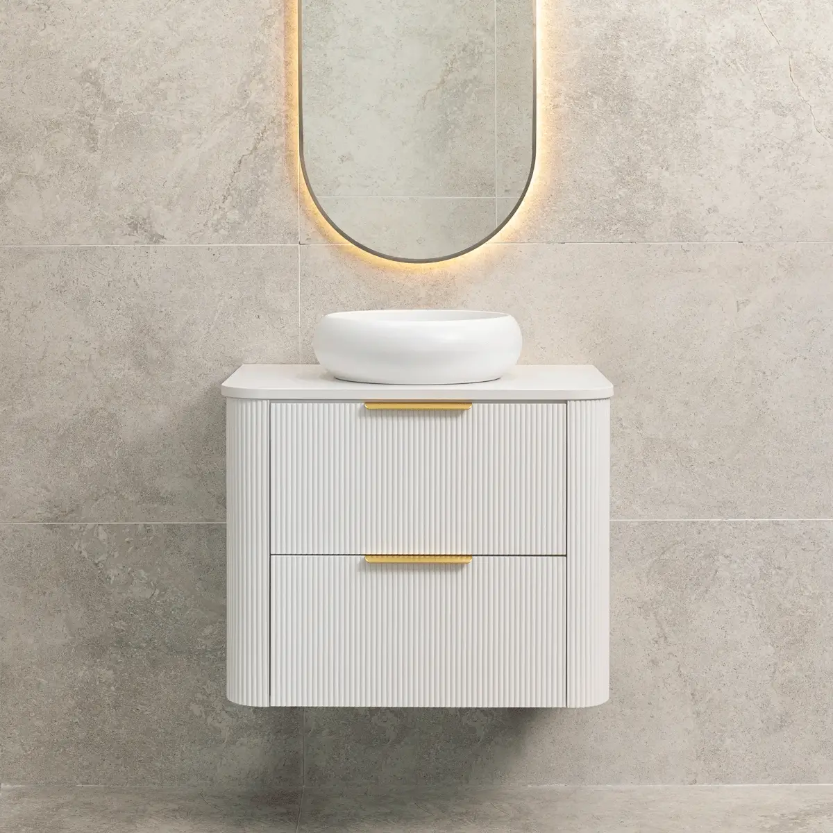 *Clearance* Tura Groove 750mm Curved Wall Hung Vanity Cabinet, Matte White