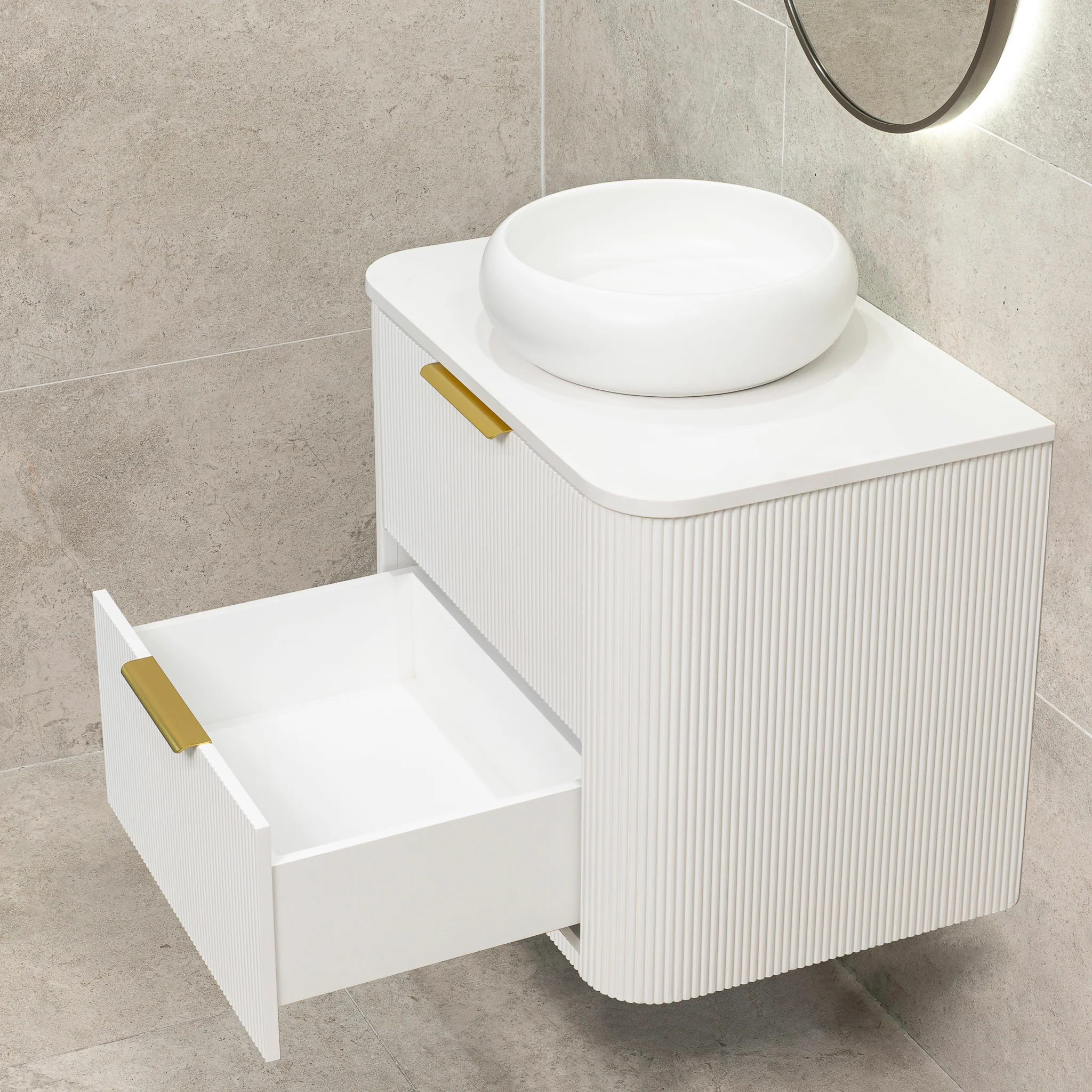 *Clearance* Tura Groove 750mm Curved Wall Hung Vanity Cabinet, Matte White - Image 10