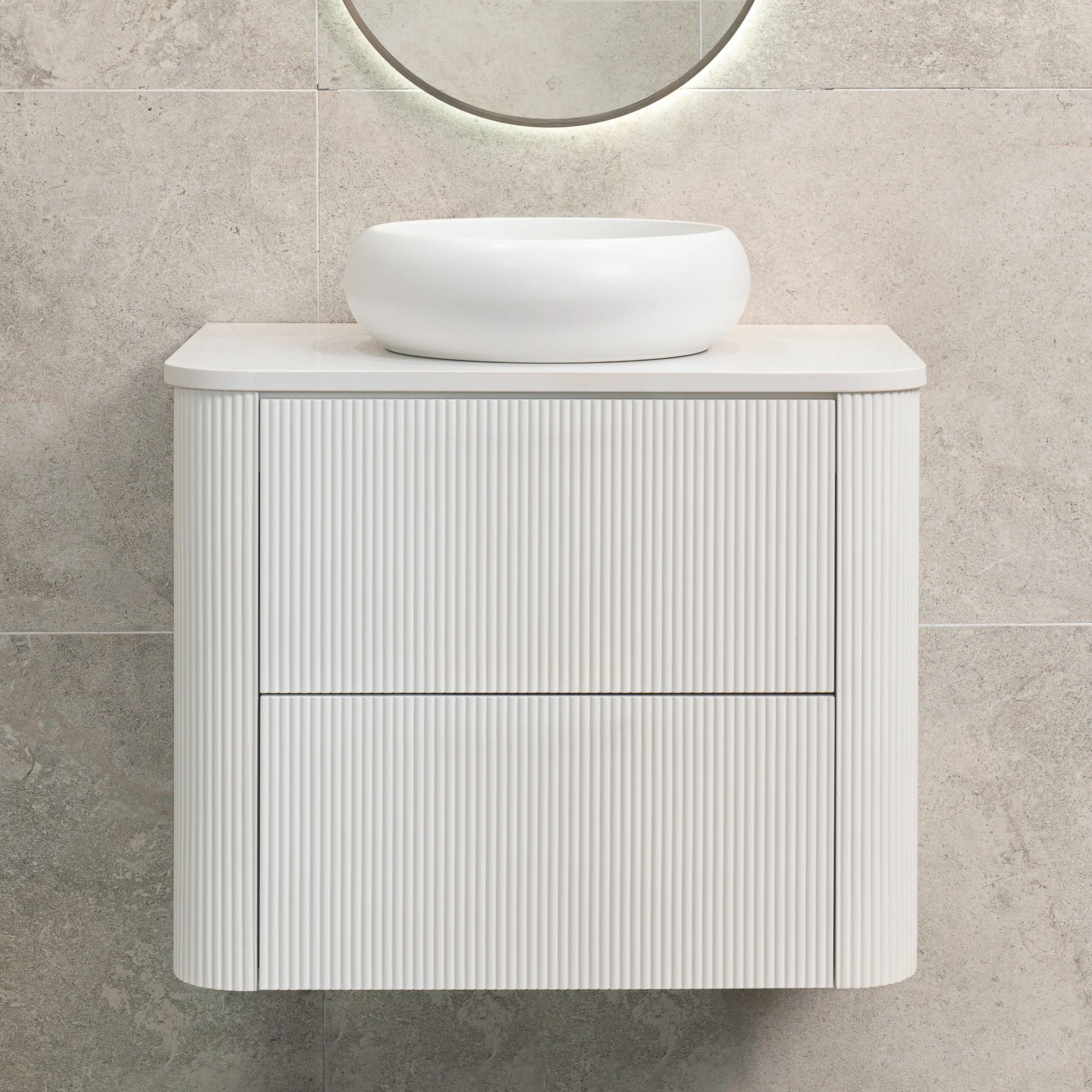 *Clearance* Tura Groove 750mm Curved Wall Hung Vanity Cabinet, Matte White - Image 11