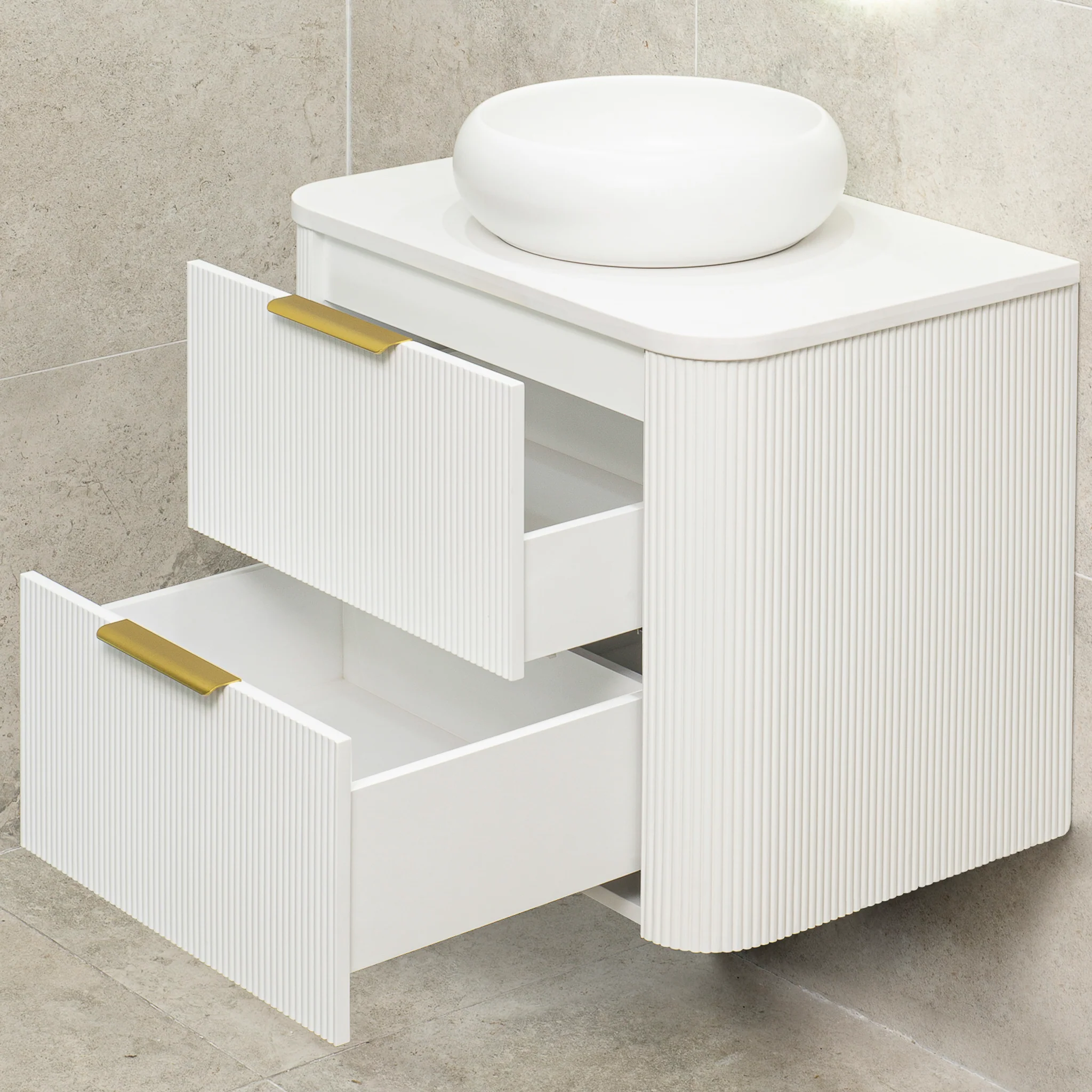 *Clearance* Tura Groove 750mm Curved Wall Hung Vanity Cabinet, Matte White - Image 2