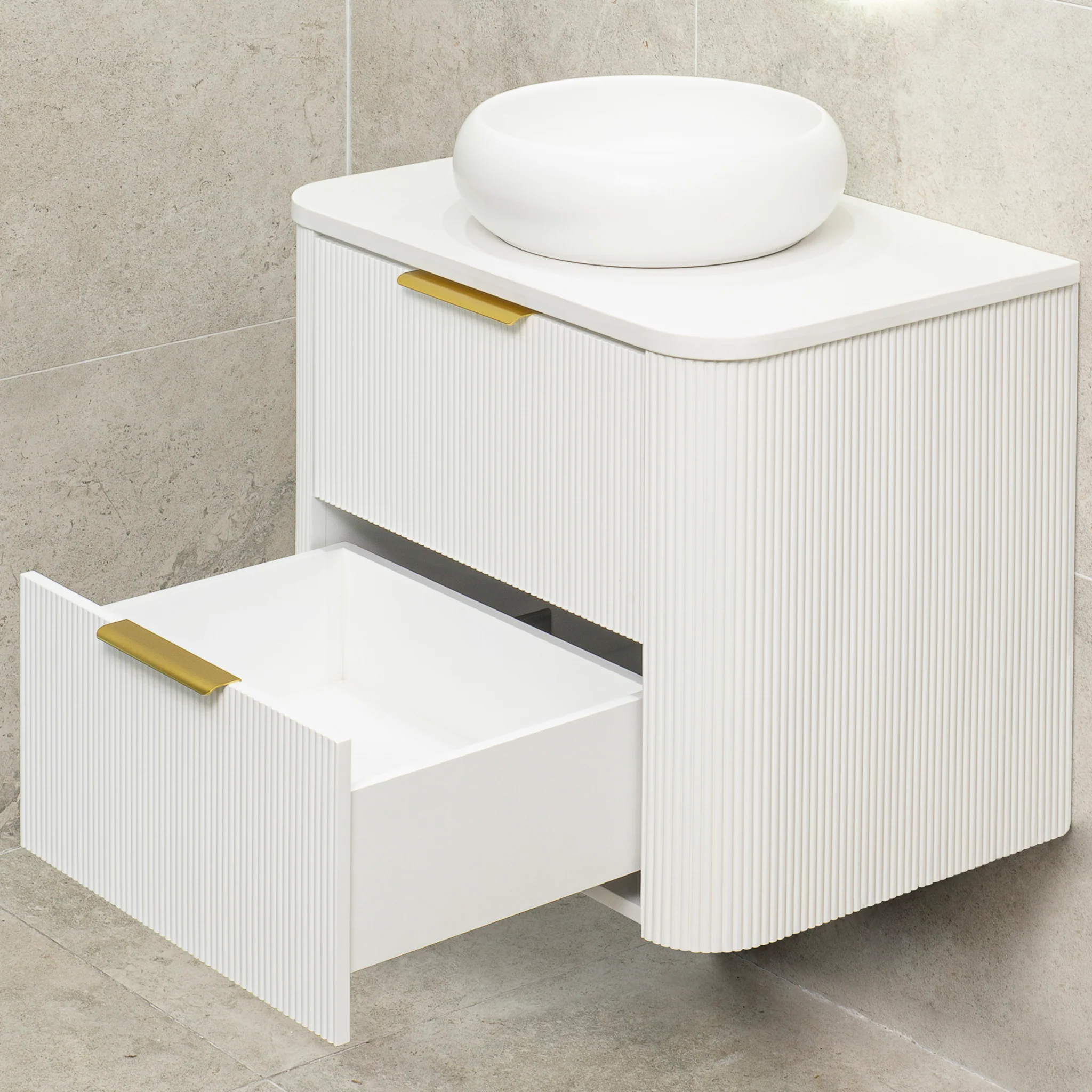 *Clearance* Tura Groove 750mm Curved Wall Hung Vanity Cabinet, Matte White - Image 4