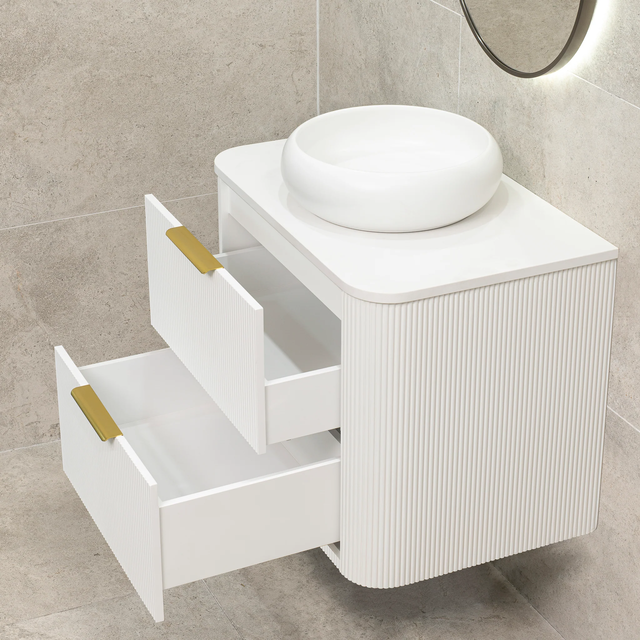 *Clearance* Tura Groove 750mm Curved Wall Hung Vanity Cabinet, Matte White - Image 5