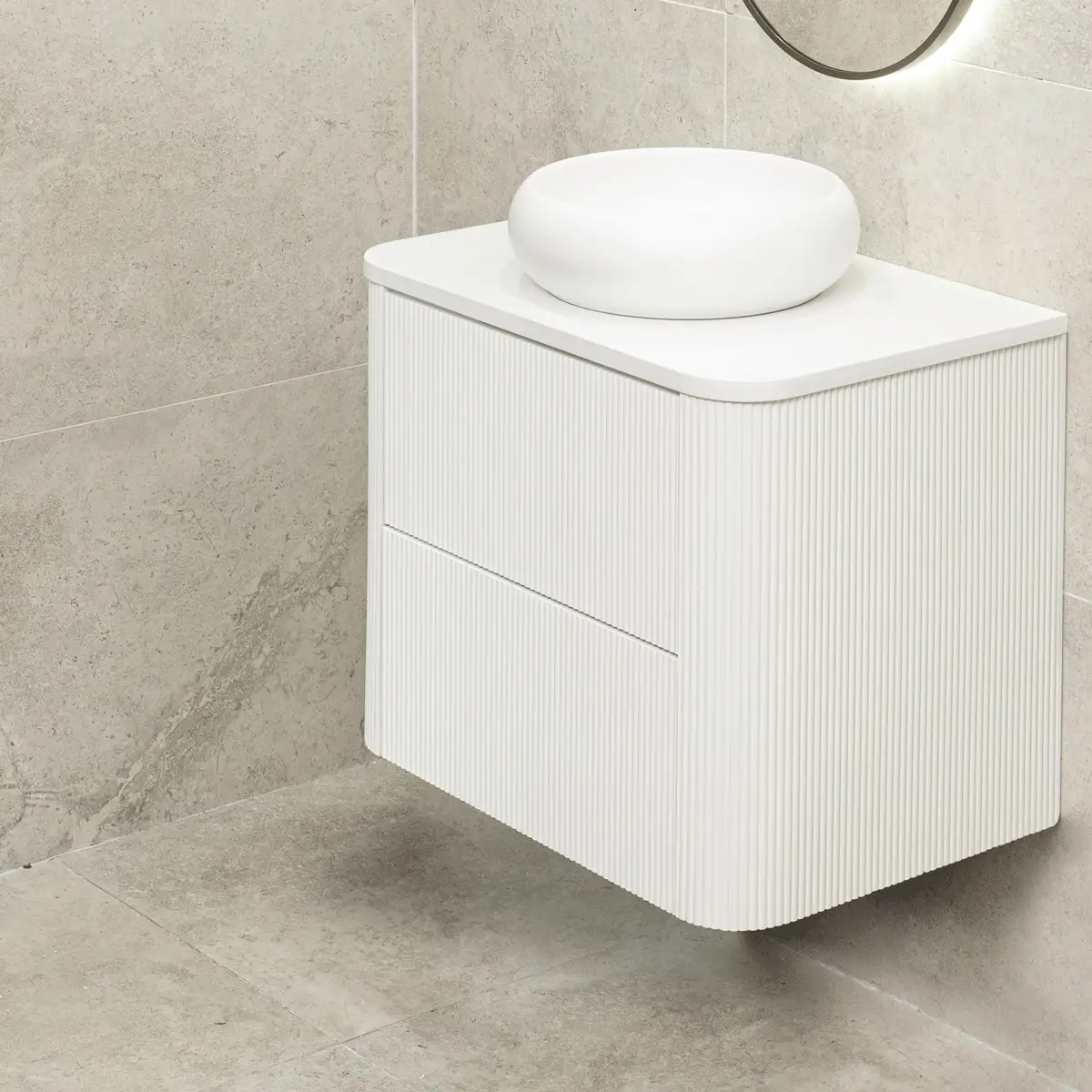 *Clearance* Tura Groove 750mm Curved Wall Hung Vanity Cabinet, Matte White - Image 6