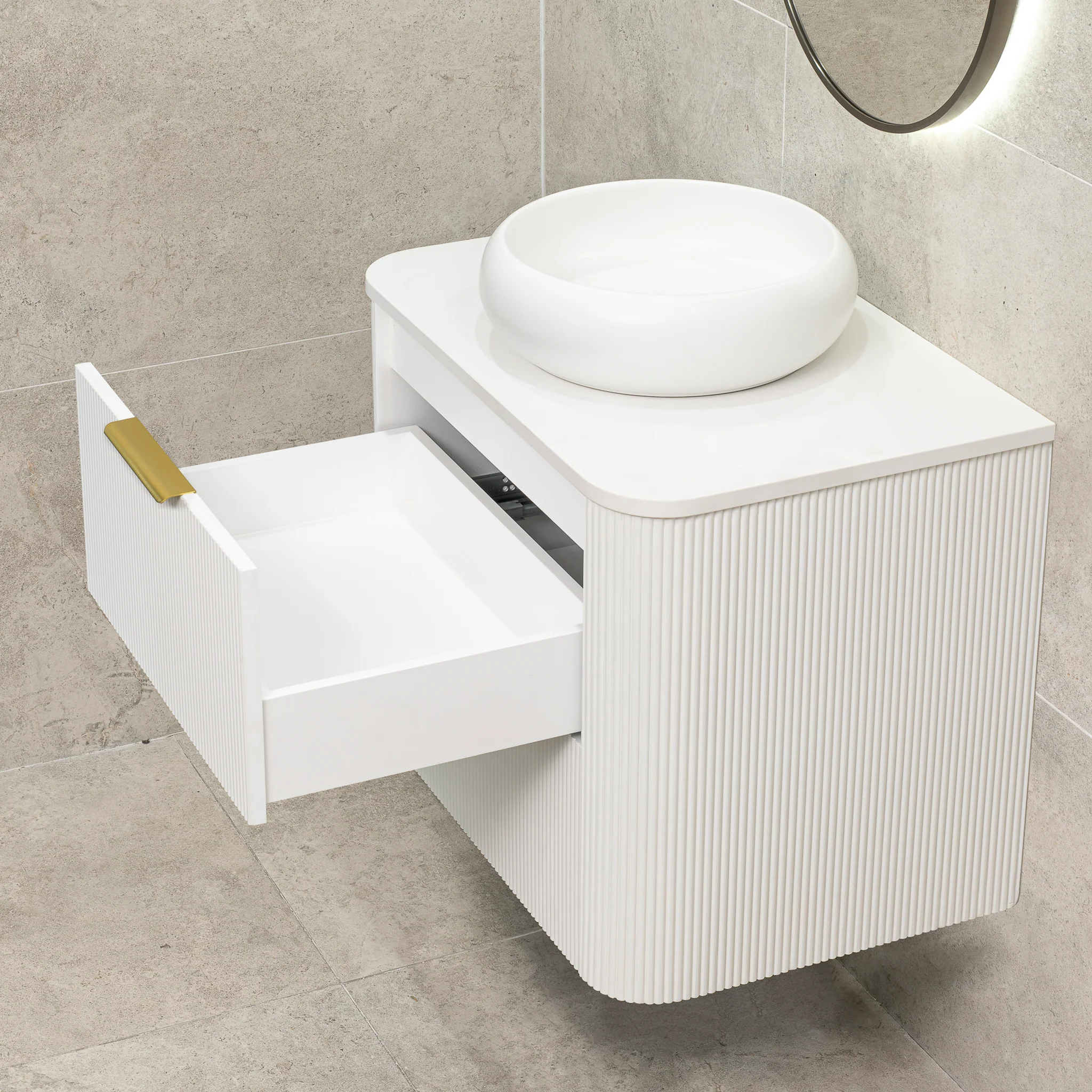 *Clearance* Tura Groove 750mm Curved Wall Hung Vanity Cabinet, Matte White - Image 7