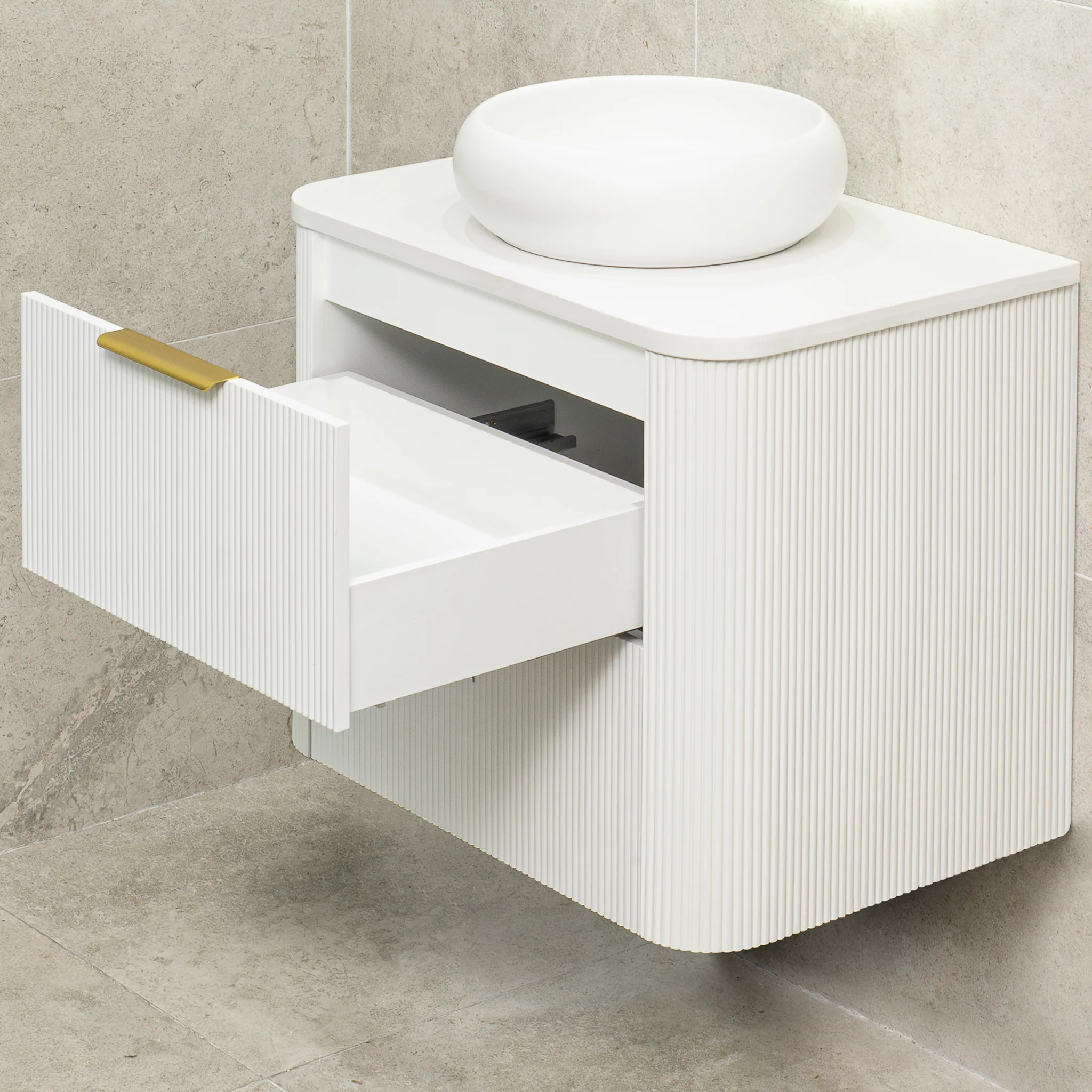 *Clearance* Tura Groove 750mm Curved Wall Hung Vanity Cabinet, Matte White - Image 8