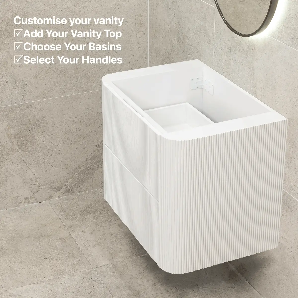*Clearance* Tura Groove 750mm Curved Wall Hung Vanity Cabinet, Matte White - Image 9