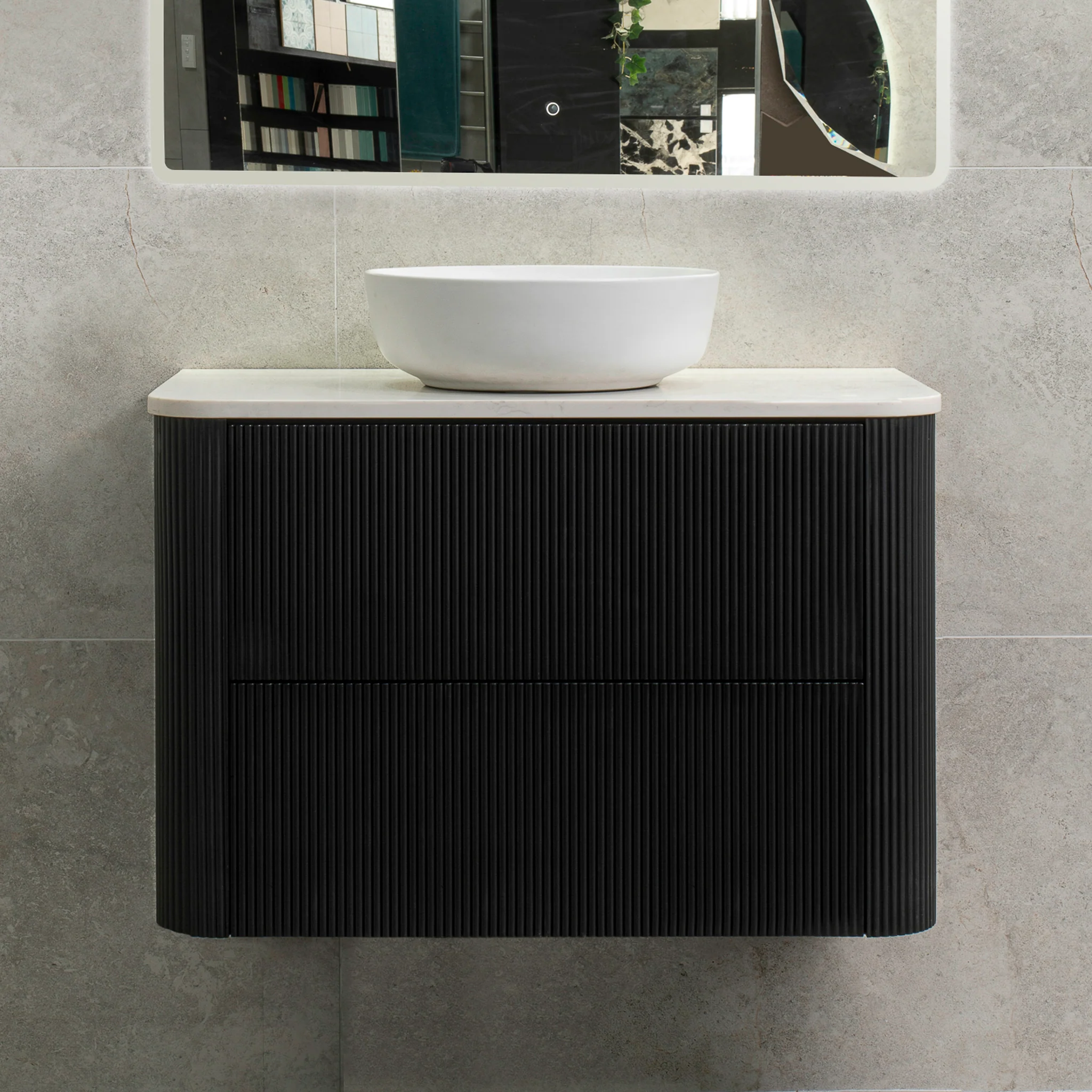 *Clearance* Tura Groove 900mm Curved Wall Hung Vanity Cabinet, Matte Black - Image 3