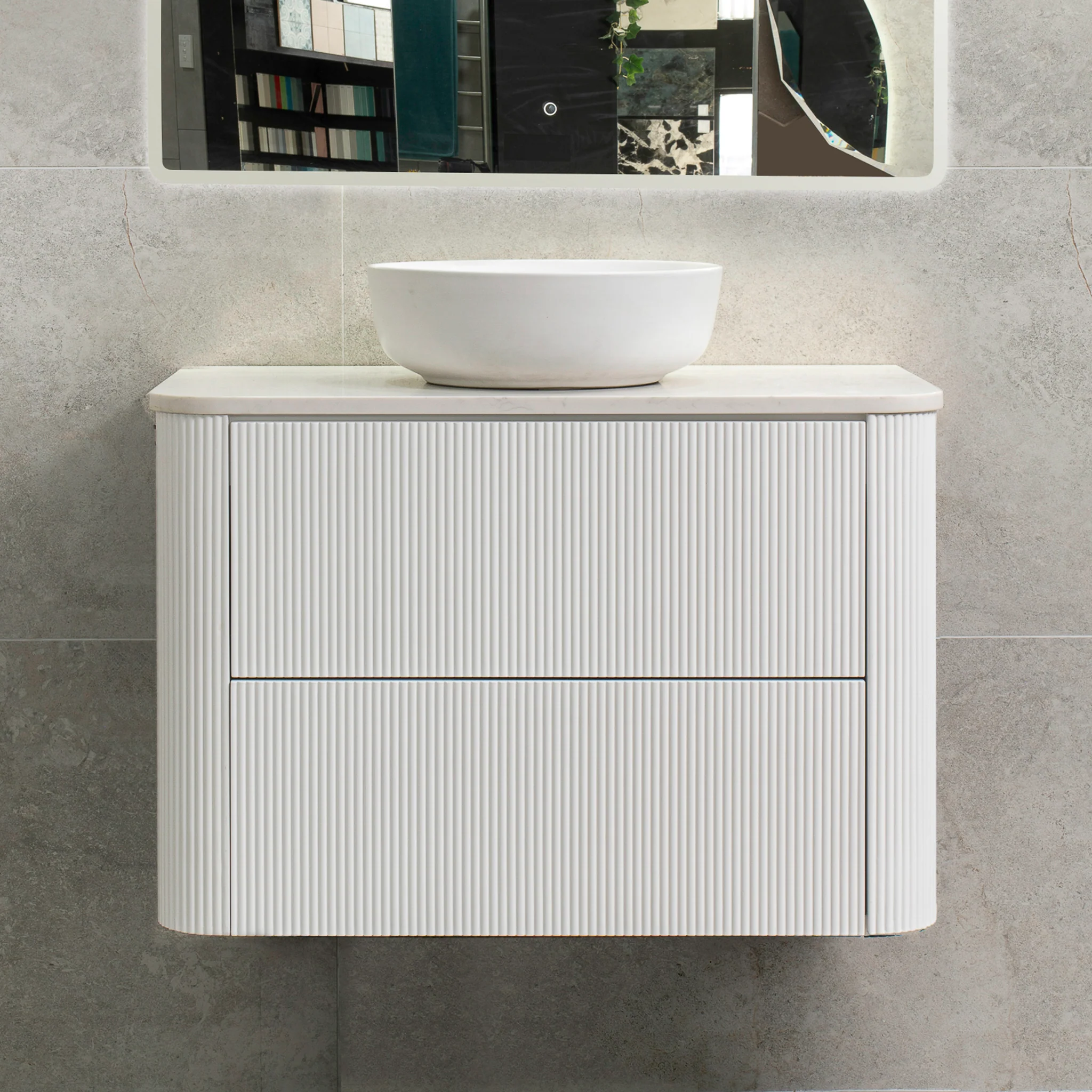 *Clearance* Tura Groove 900mm Curved Wall Hung Vanity Cabinet, Matte White - Image 3