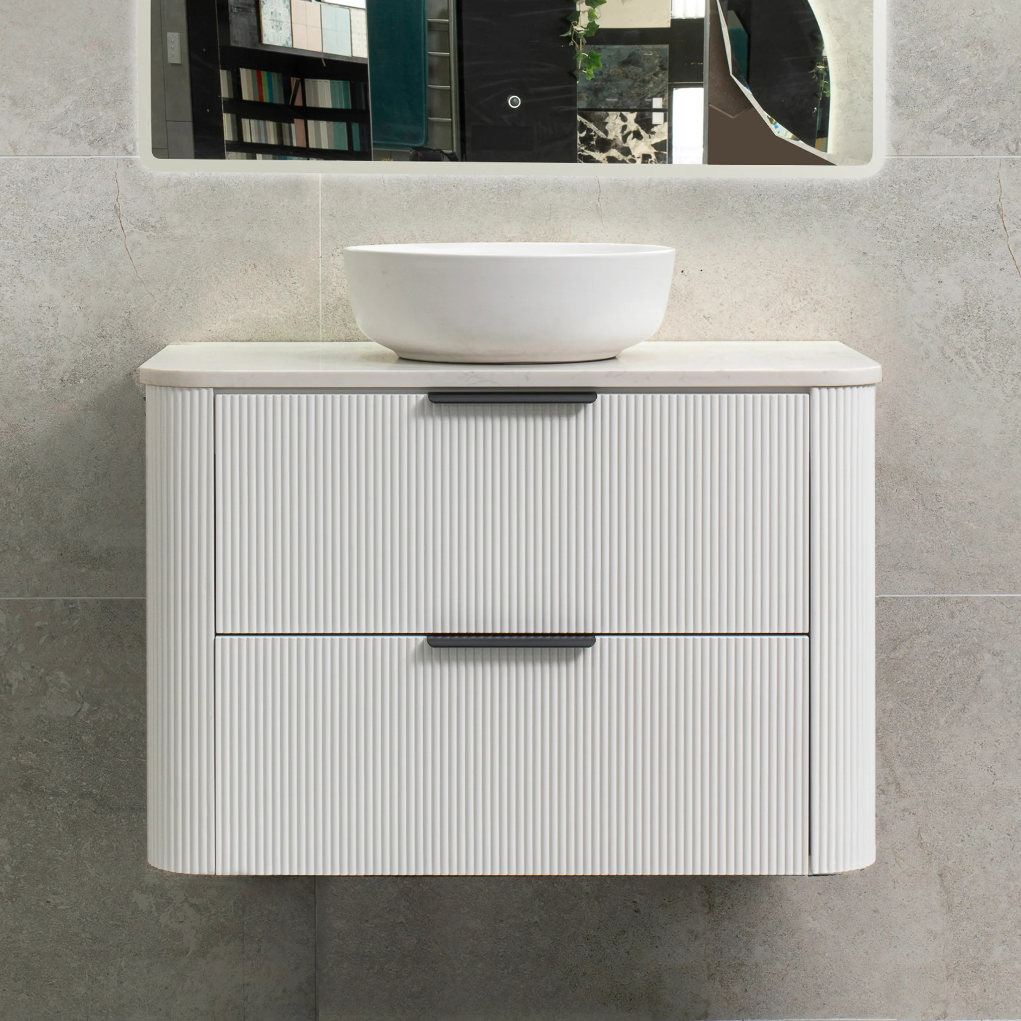 *Clearance* Tura Groove 900mm Curved Wall Hung Vanity Cabinet, Matte White - Image 4