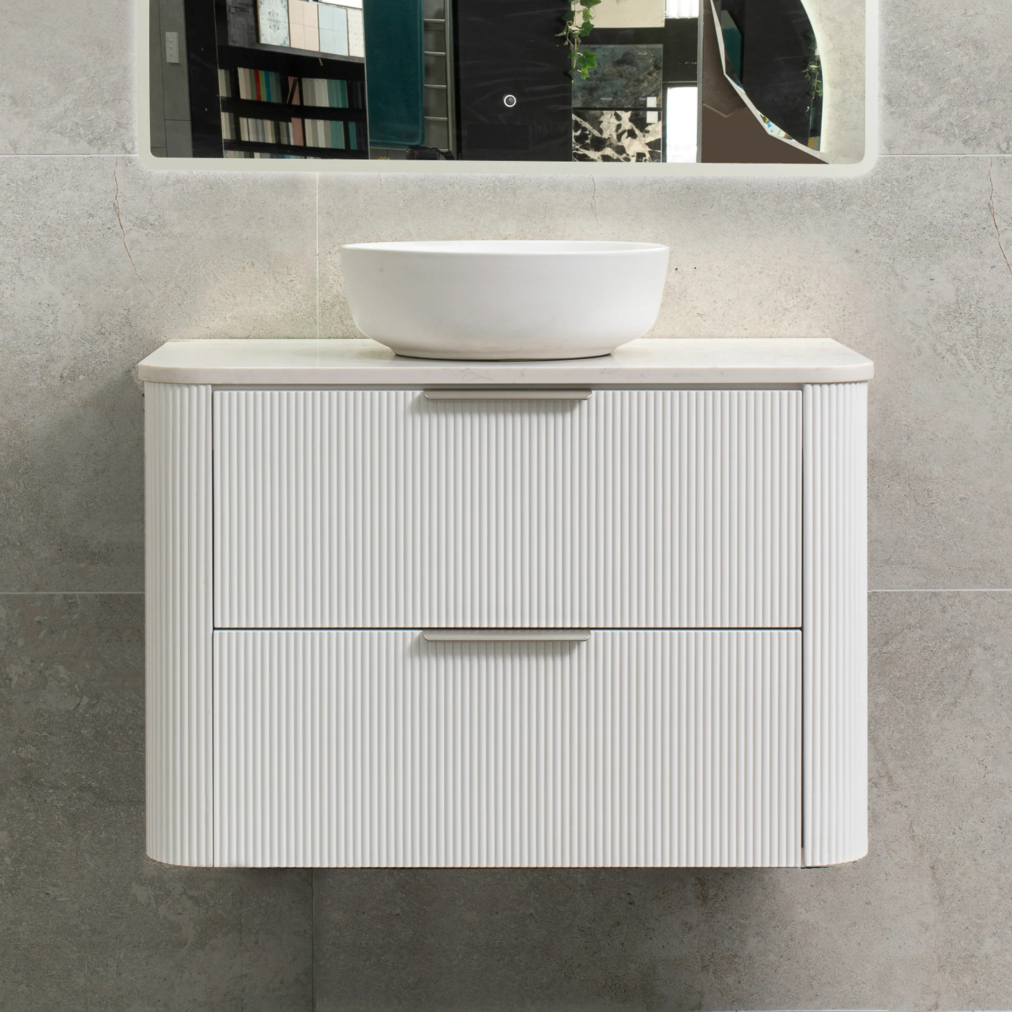 *Clearance* Tura Groove 900mm Curved Wall Hung Vanity Cabinet, Matte White - Image 5