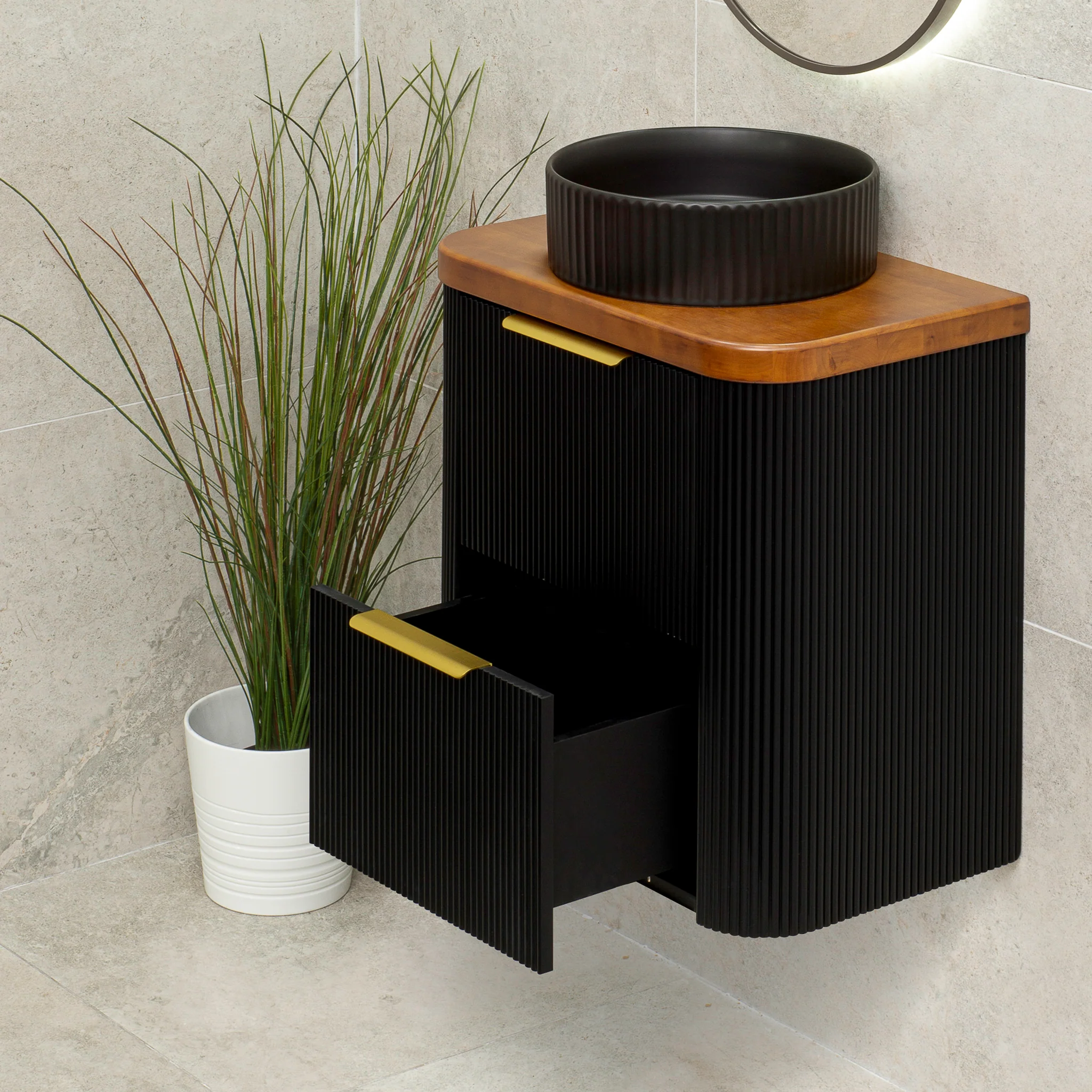 *Clearance* Tura Groove Ensuite 600mm Curved Wall Hung Vanity Cabinet, Matte Black - Image 2