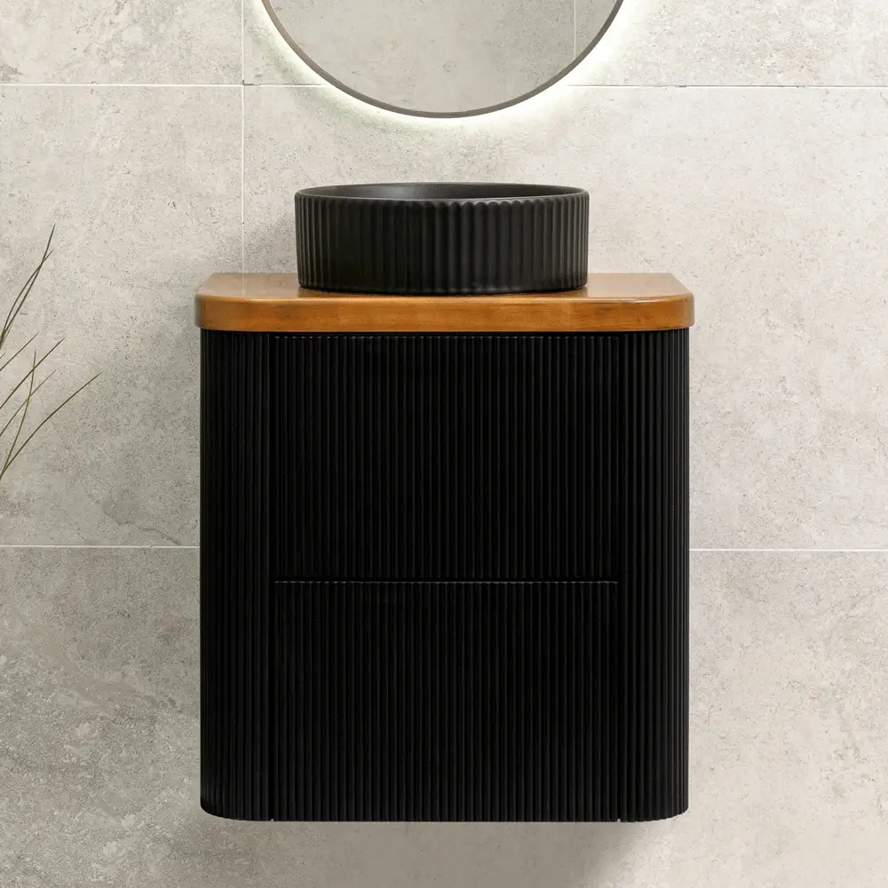 *Clearance* Tura Groove Ensuite 600mm Curved Wall Hung Vanity Cabinet, Matte Black - Image 3