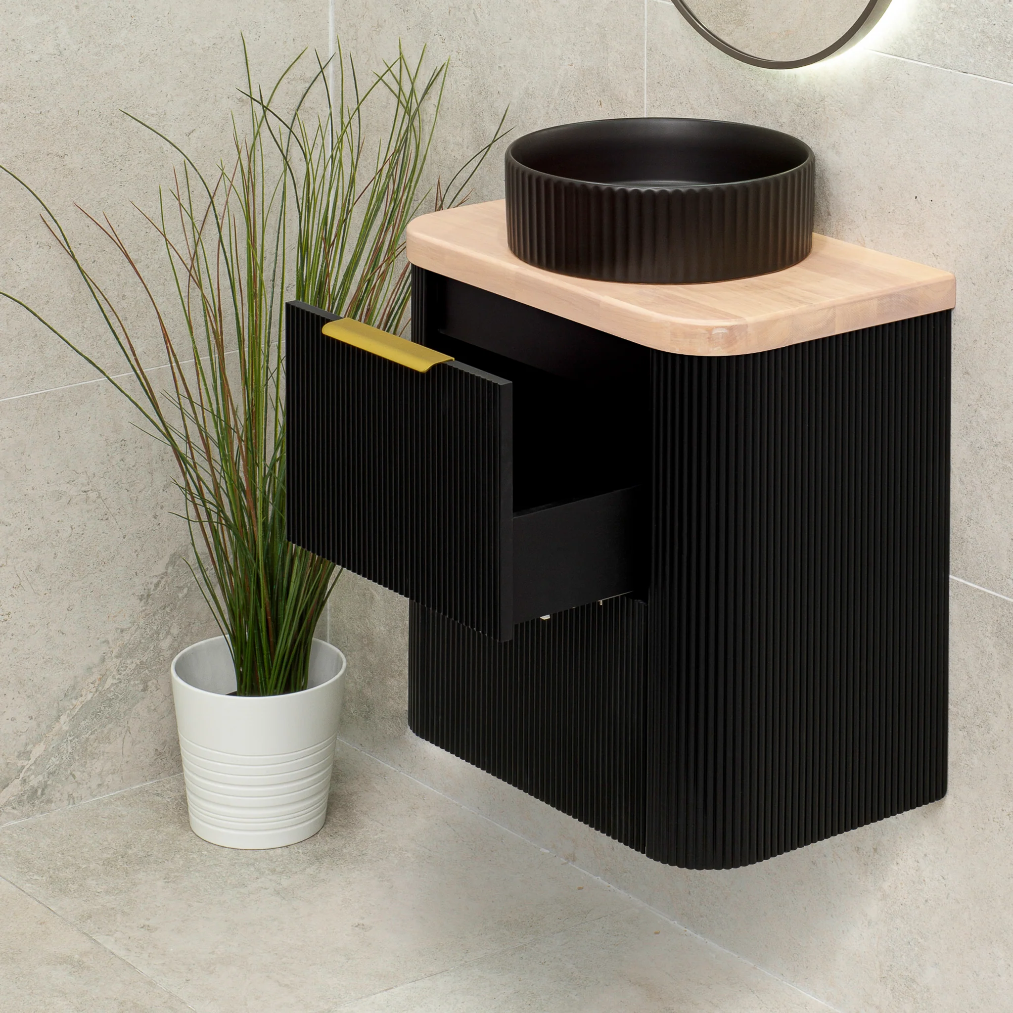 *Clearance* Tura Groove Ensuite 600mm Curved Wall Hung Vanity Cabinet, Matte Black - Image 4