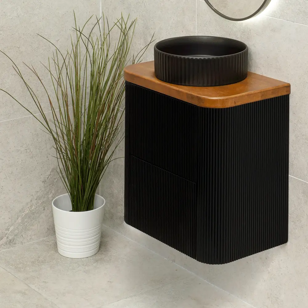 *Clearance* Tura Groove Ensuite 600mm Curved Wall Hung Vanity Cabinet, Matte Black - Image 5