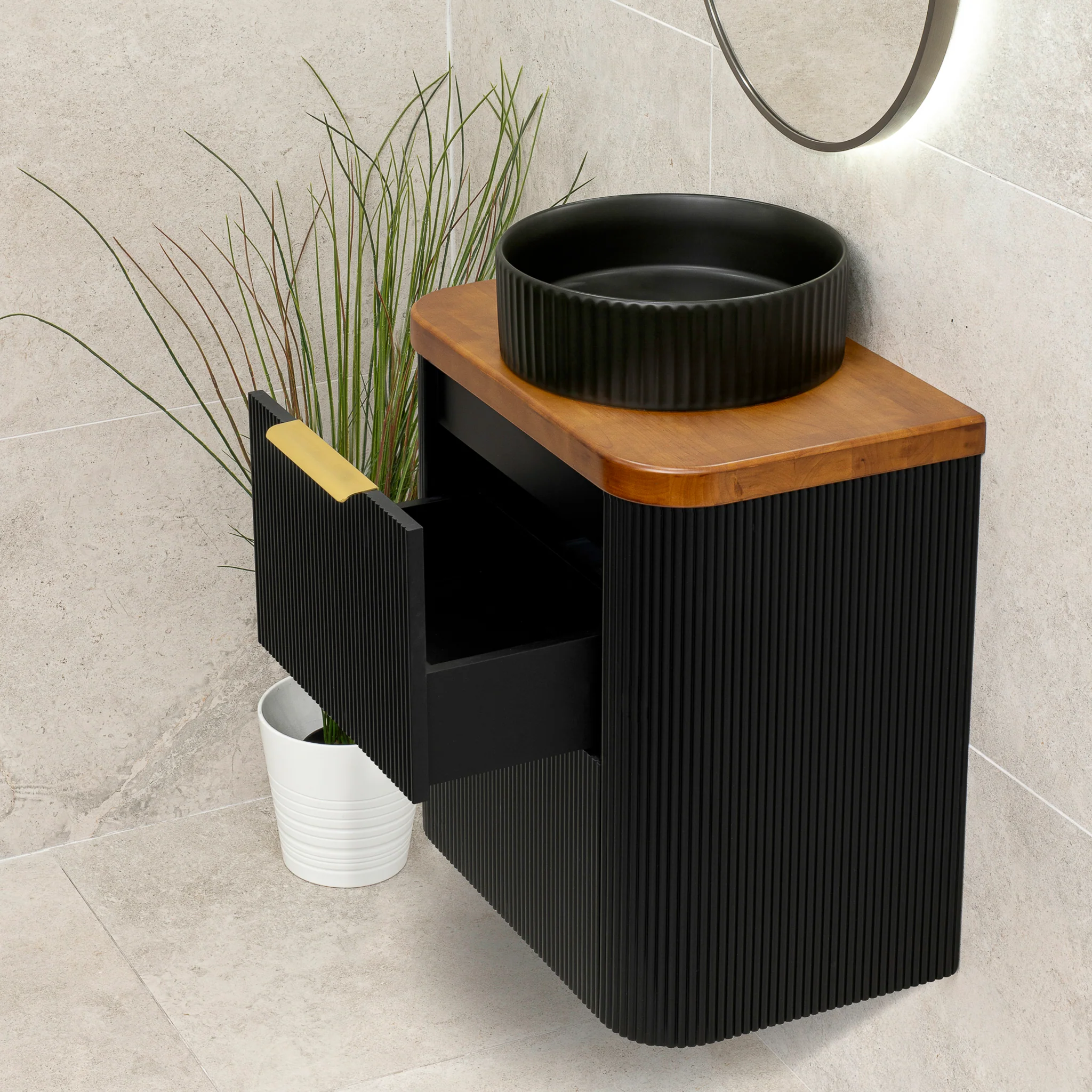 *Clearance* Tura Groove Ensuite 600mm Curved Wall Hung Vanity Cabinet, Matte Black - Image 6