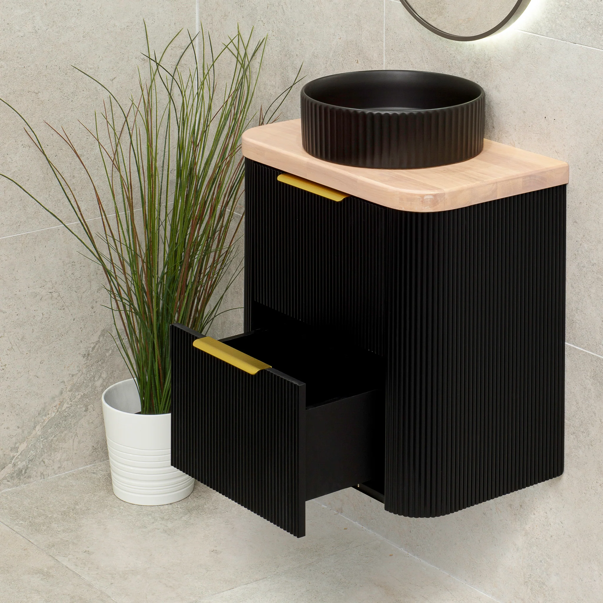 *Clearance* Tura Groove Ensuite 600mm Curved Wall Hung Vanity Cabinet, Matte Black - Image 7
