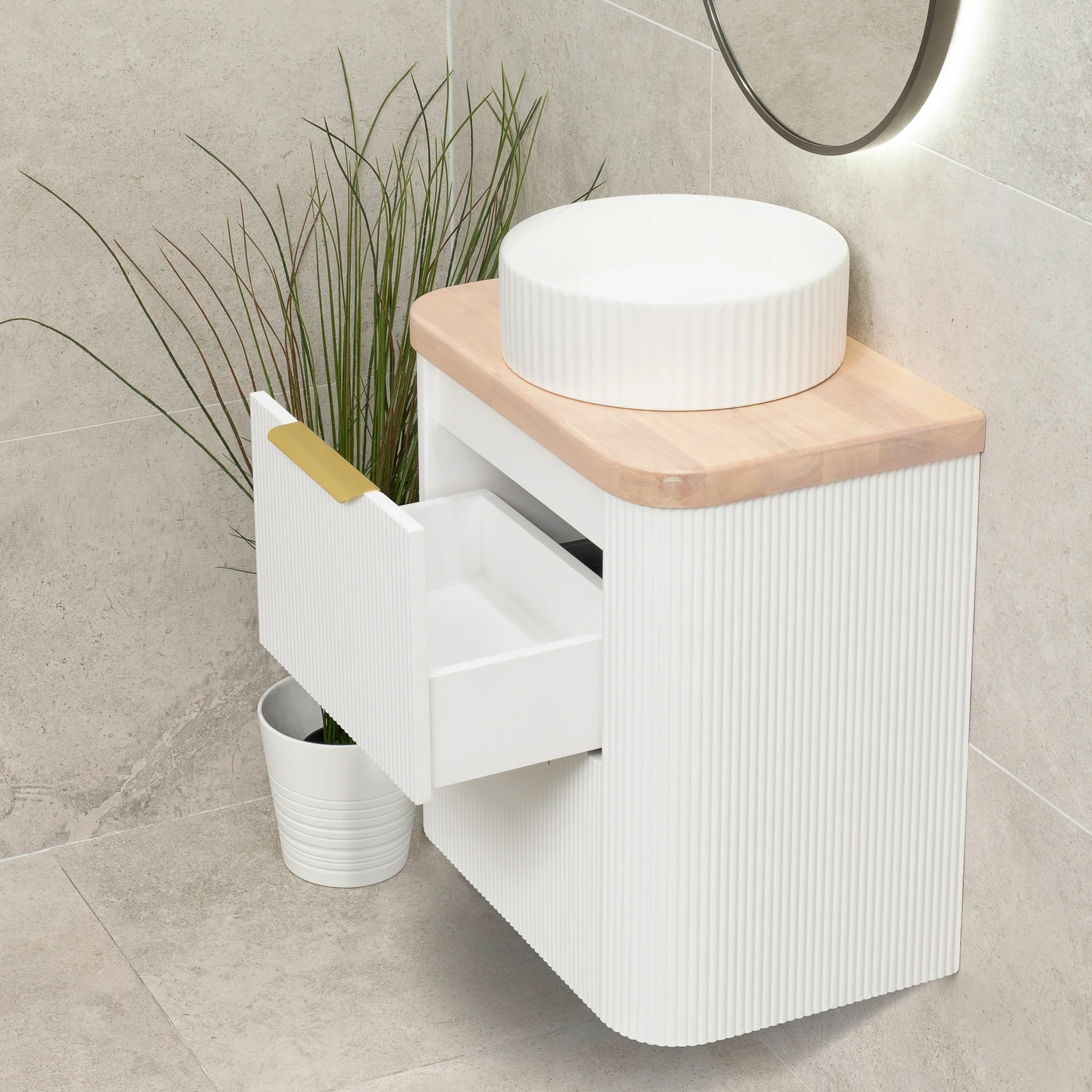 *Clearance* Tura Groove Ensuite 600mm Curved Wall Hung Vanity Cabinet, Matte White - Image 2