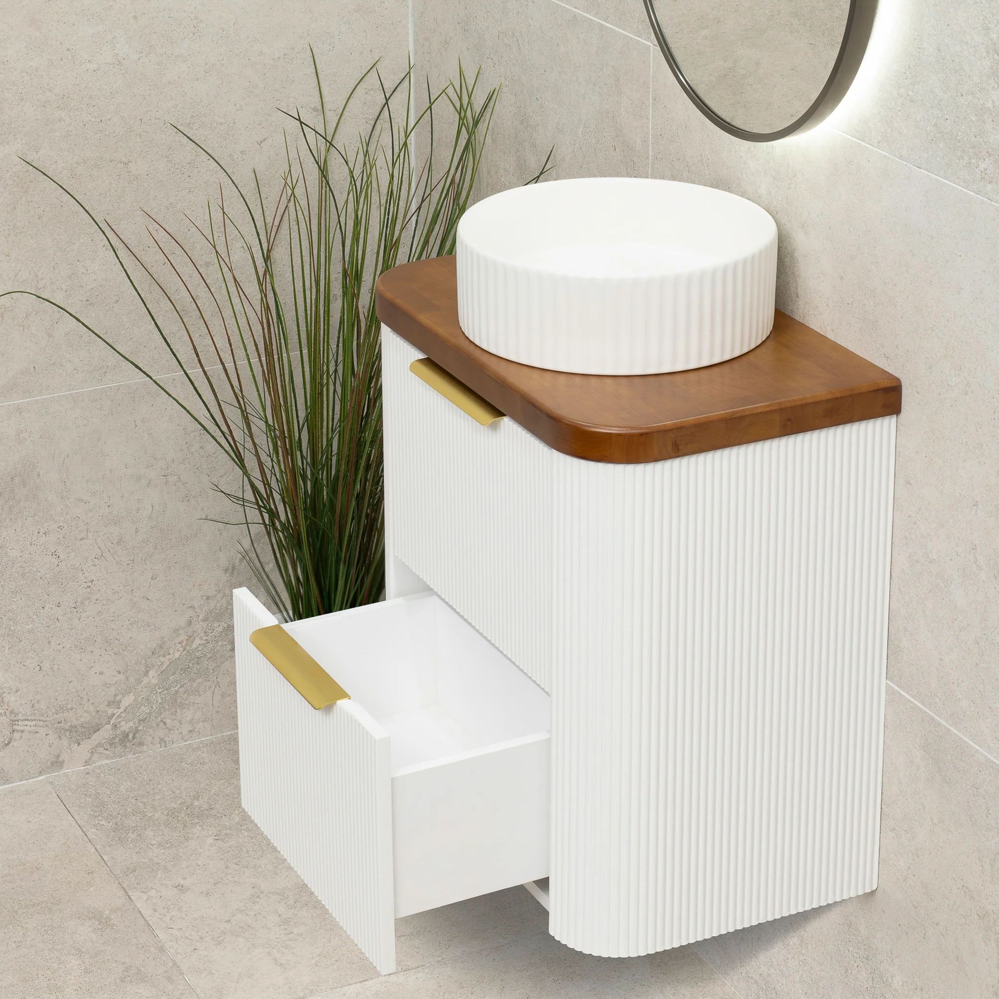 *Clearance* Tura Groove Ensuite 600mm Curved Wall Hung Vanity Cabinet, Matte White - Image 3