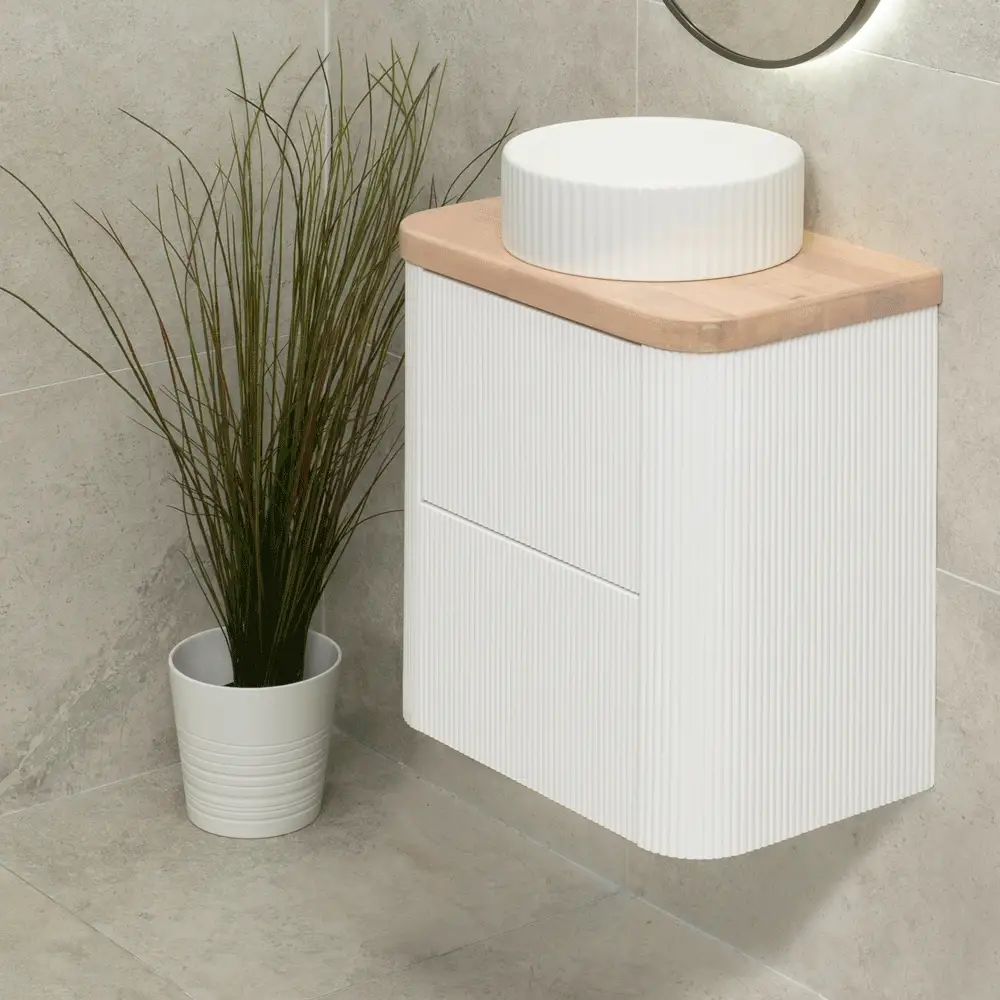 *Clearance* Tura Groove Ensuite 600mm Curved Wall Hung Vanity Cabinet, Matte White - Image 6