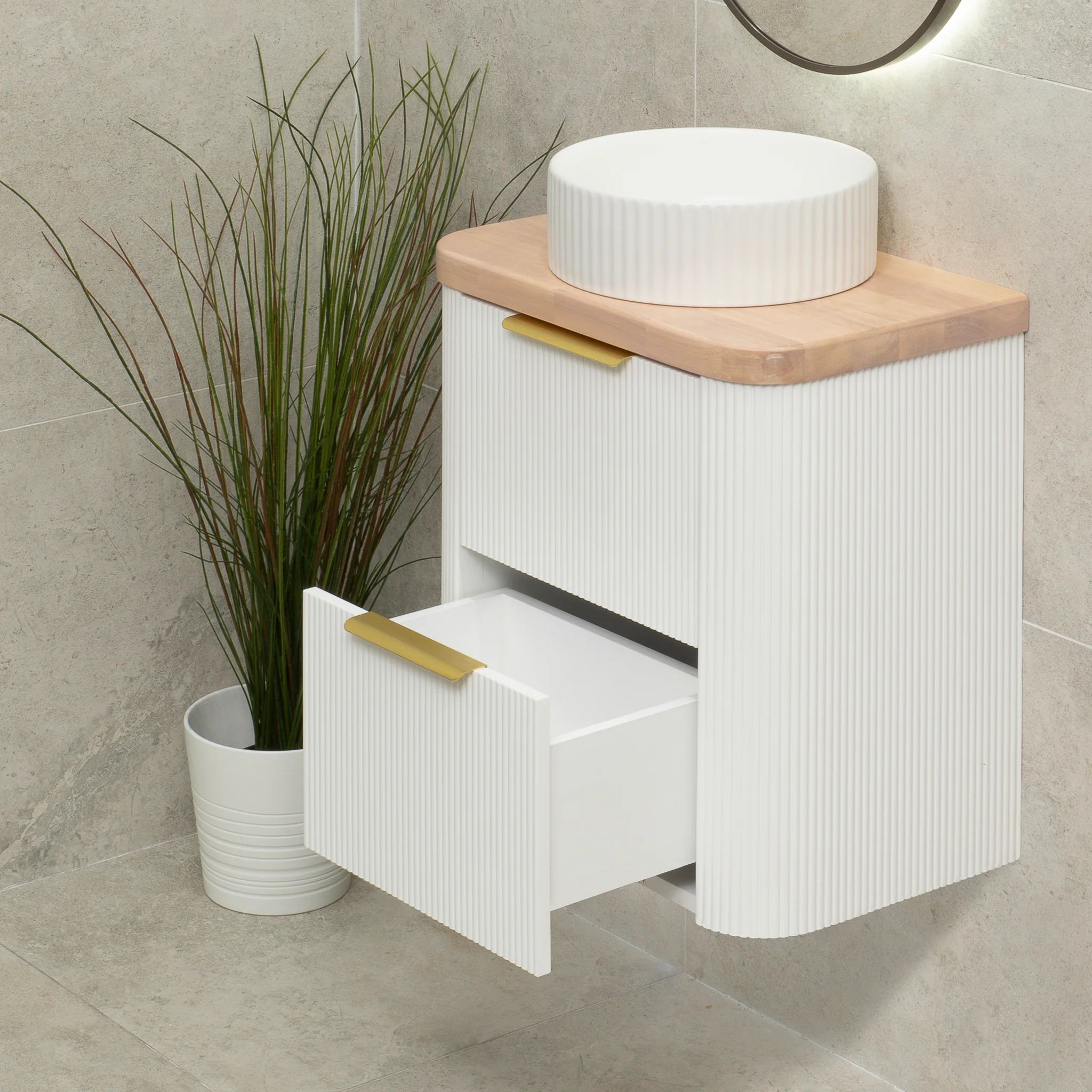 *Clearance* Tura Groove Ensuite 600mm Curved Wall Hung Vanity Cabinet, Matte White - Image 7