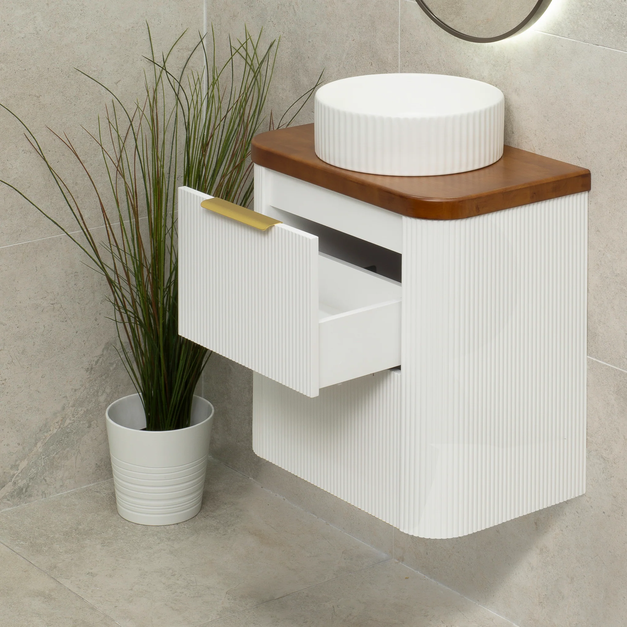 *Clearance* Tura Groove Ensuite 600mm Curved Wall Hung Vanity Cabinet, Matte White - Image 8