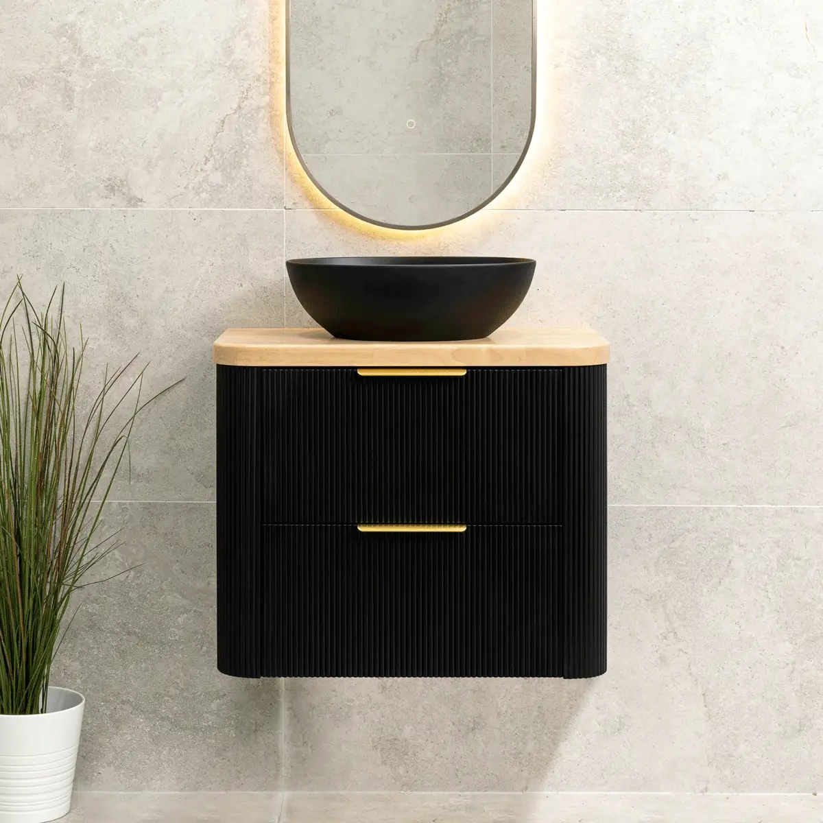 *Clearance* Tura Groove Ensuite 750mm Curved Wall Hung Vanity Cabinet, Matte Black
