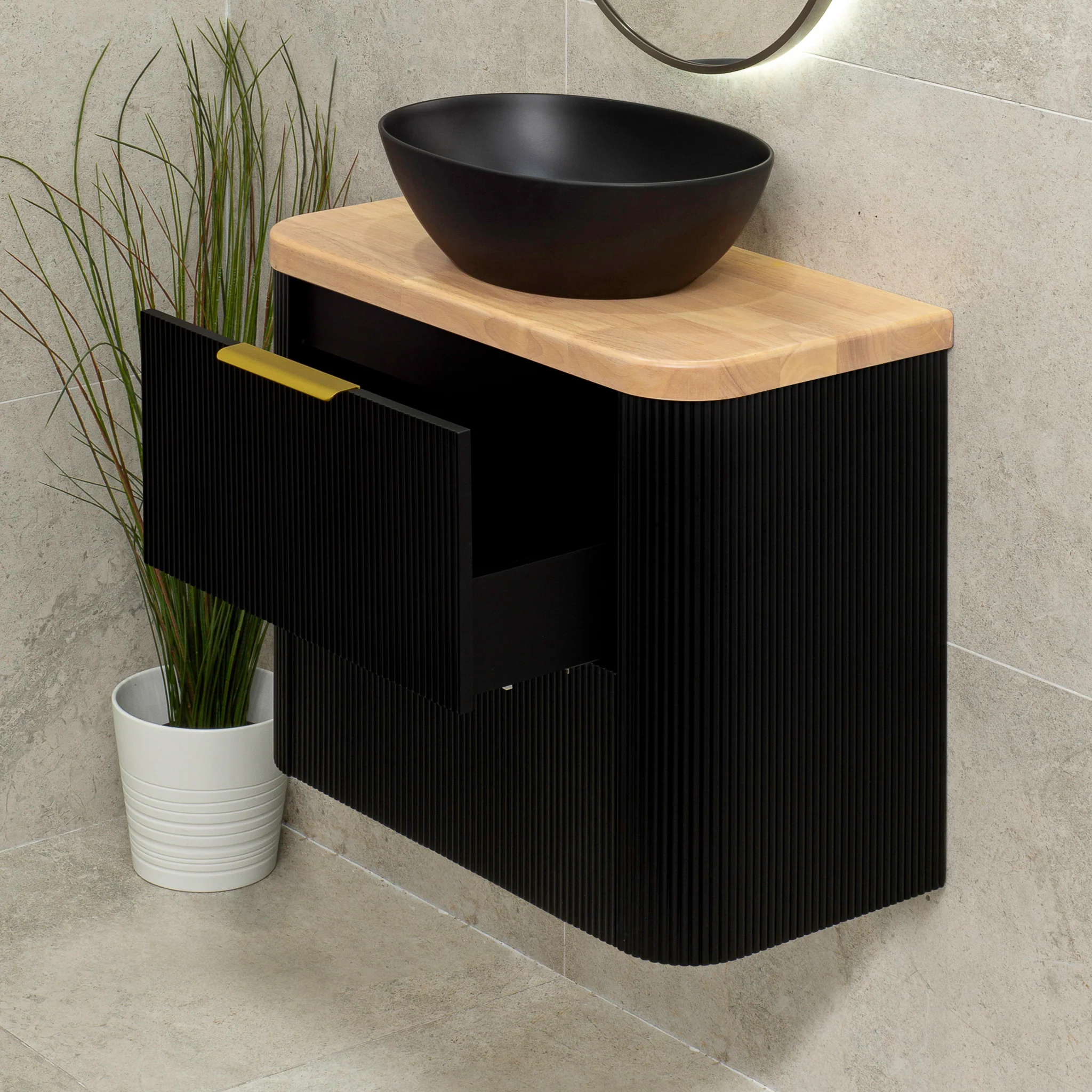 *Clearance* Tura Groove Ensuite 750mm Curved Wall Hung Vanity Cabinet, Matte Black - Image 2