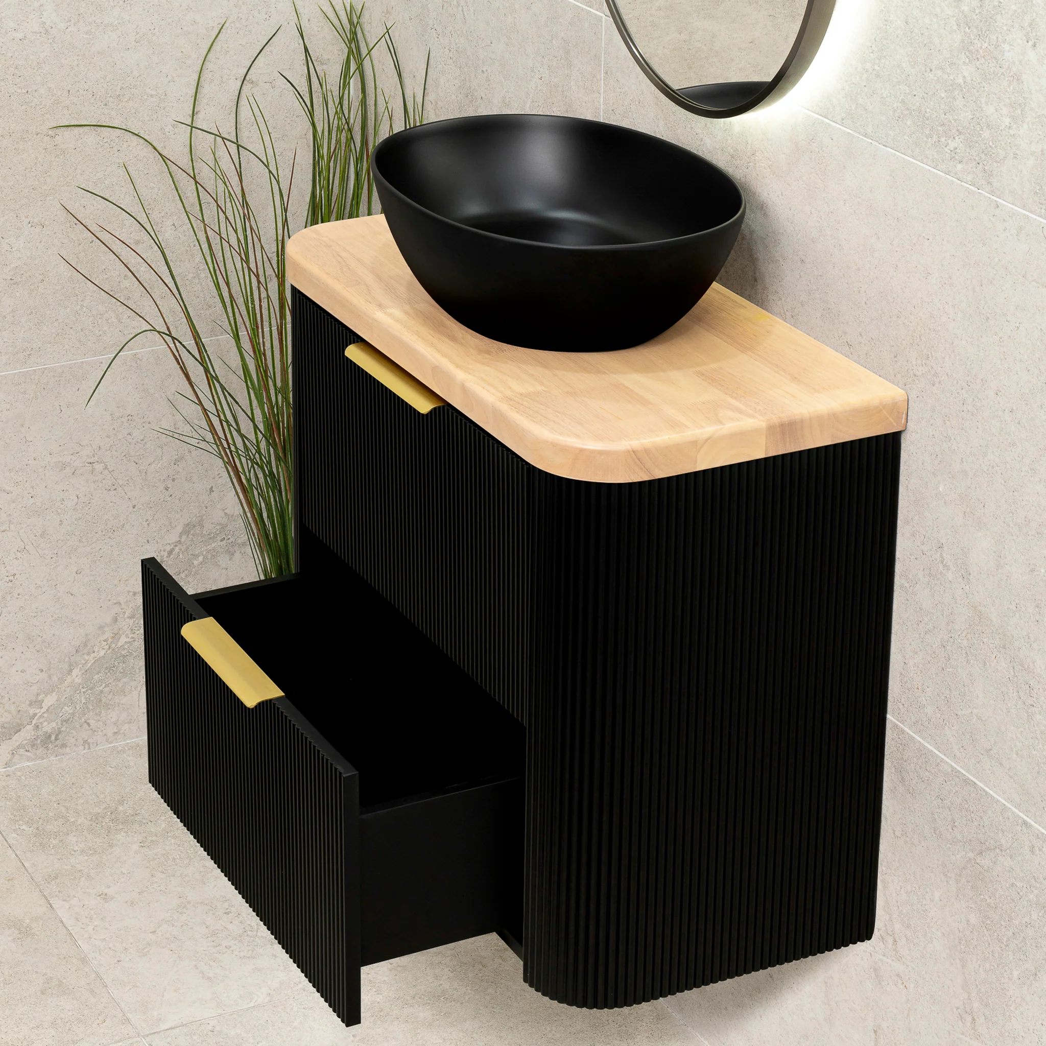 *Clearance* Tura Groove Ensuite 750mm Curved Wall Hung Vanity Cabinet, Matte Black - Image 3