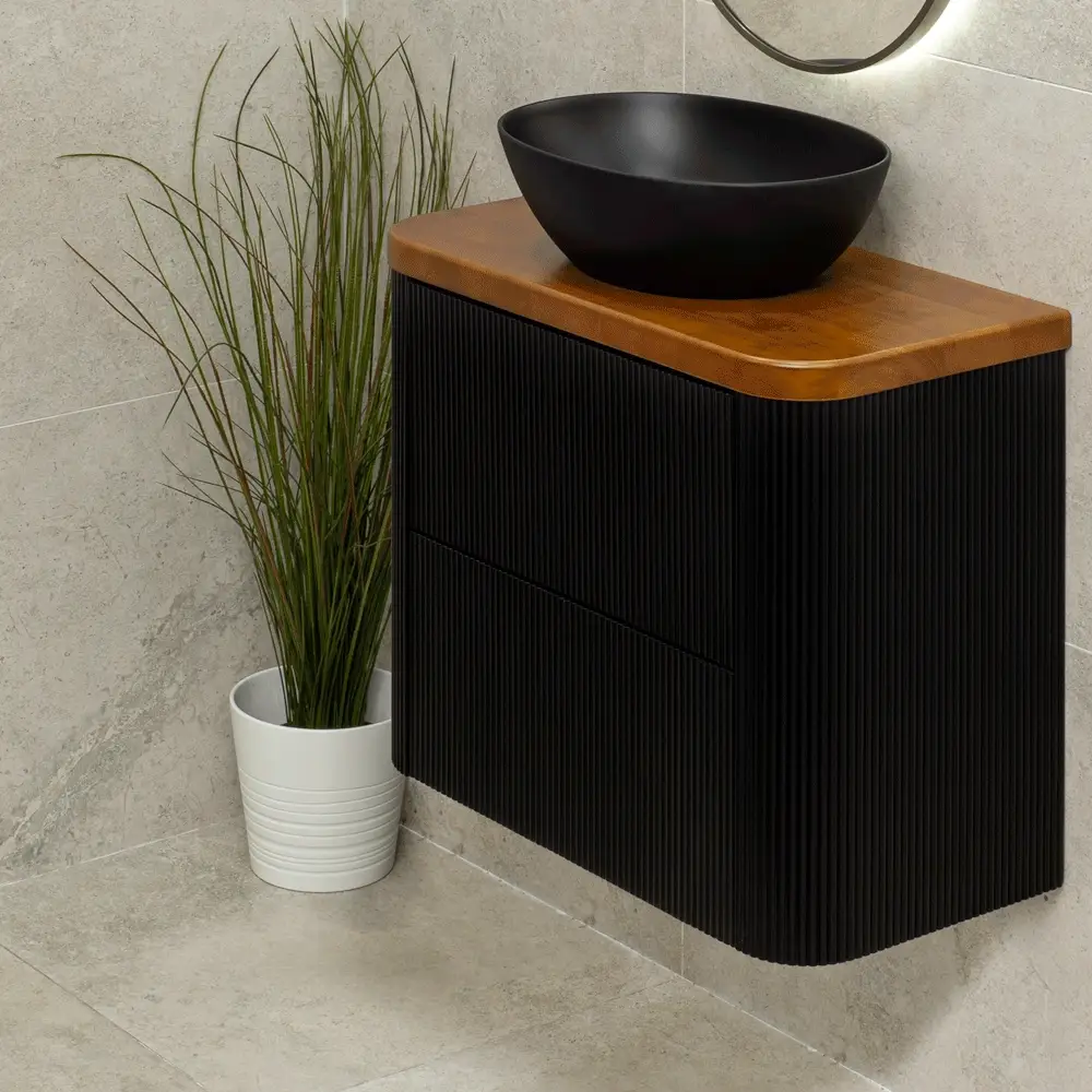 *Clearance* Tura Groove Ensuite 750mm Curved Wall Hung Vanity Cabinet, Matte Black - Image 5