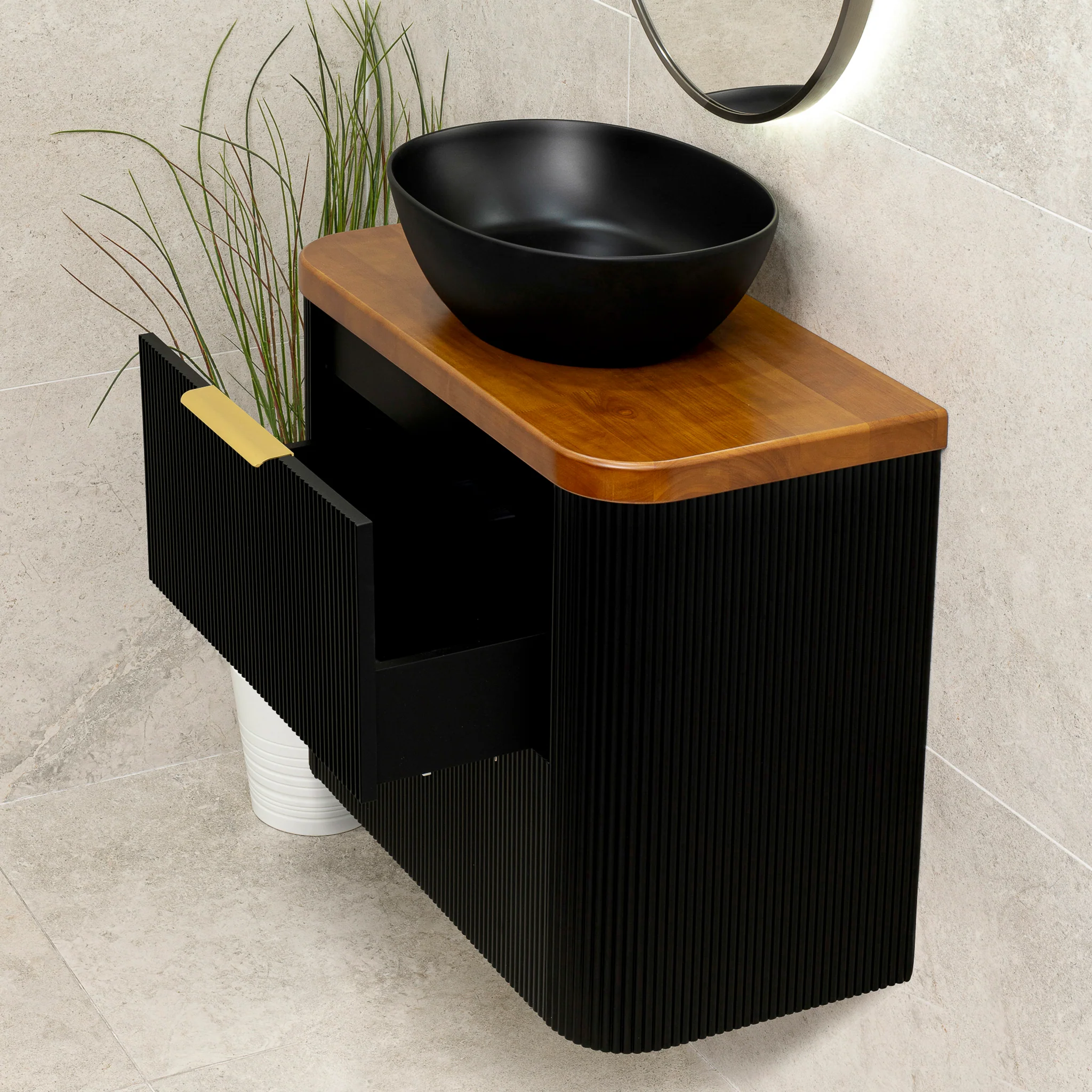 *Clearance* Tura Groove Ensuite 750mm Curved Wall Hung Vanity Cabinet, Matte Black - Image 6