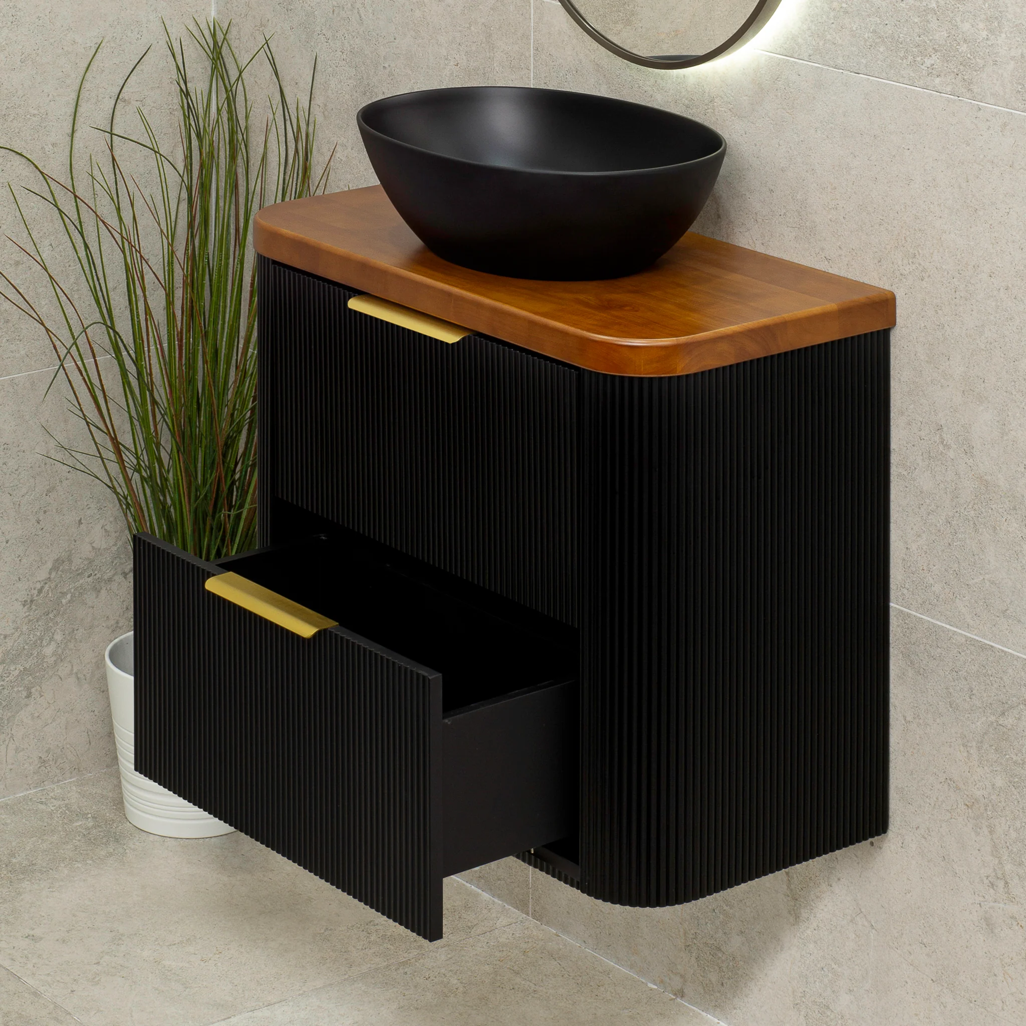 *Clearance* Tura Groove Ensuite 750mm Curved Wall Hung Vanity Cabinet, Matte Black - Image 7