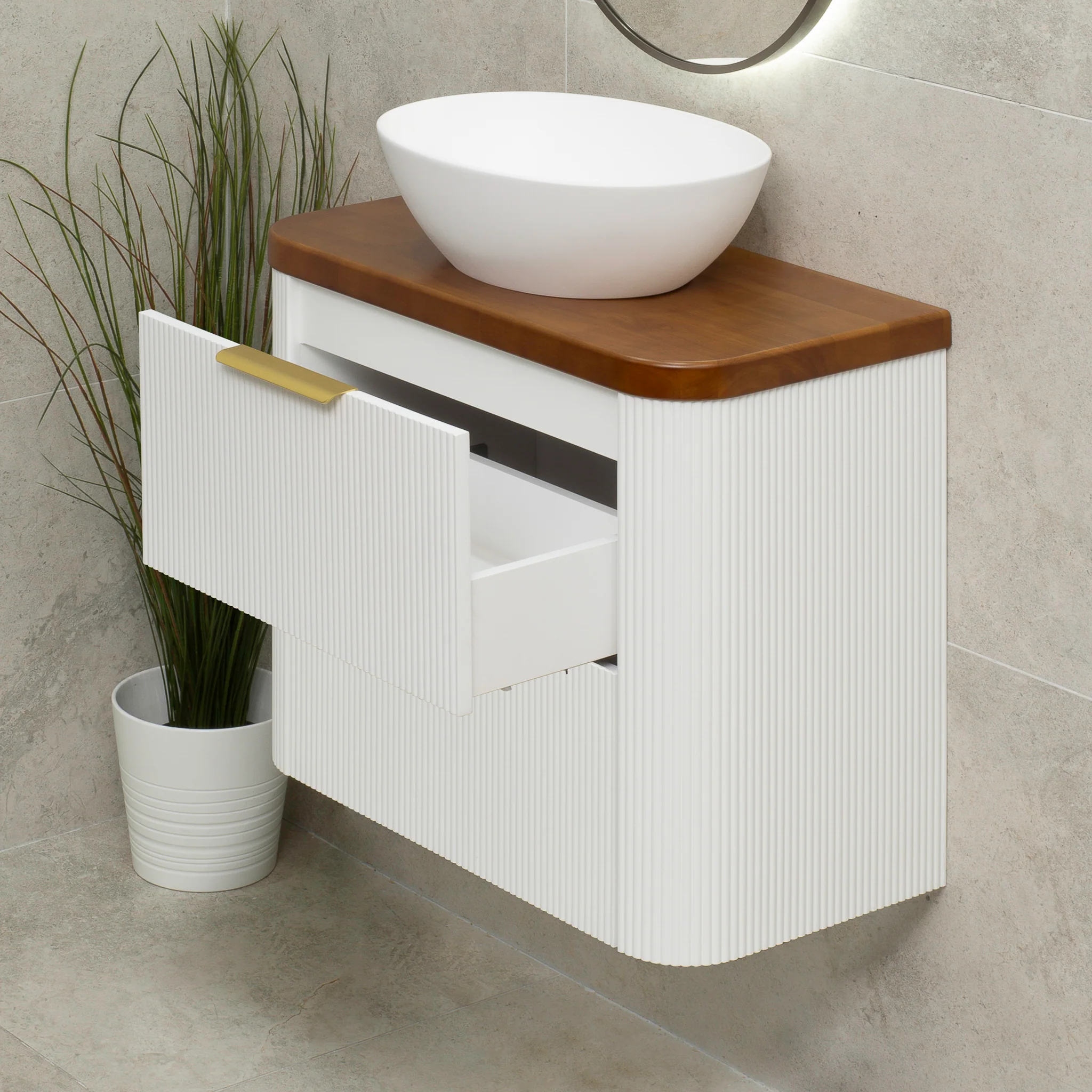 *Clearance* Tura Groove Ensuite 750mm Curved Wall Hung Vanity Cabinet, Matte White - Image 2