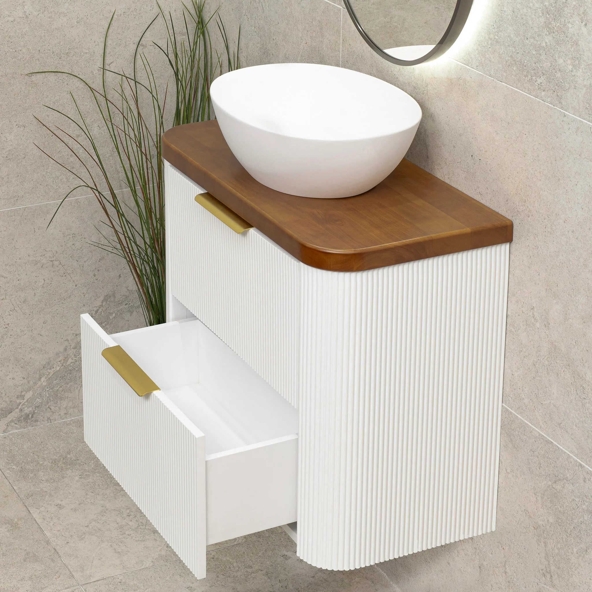 *Clearance* Tura Groove Ensuite 750mm Curved Wall Hung Vanity Cabinet, Matte White - Image 3