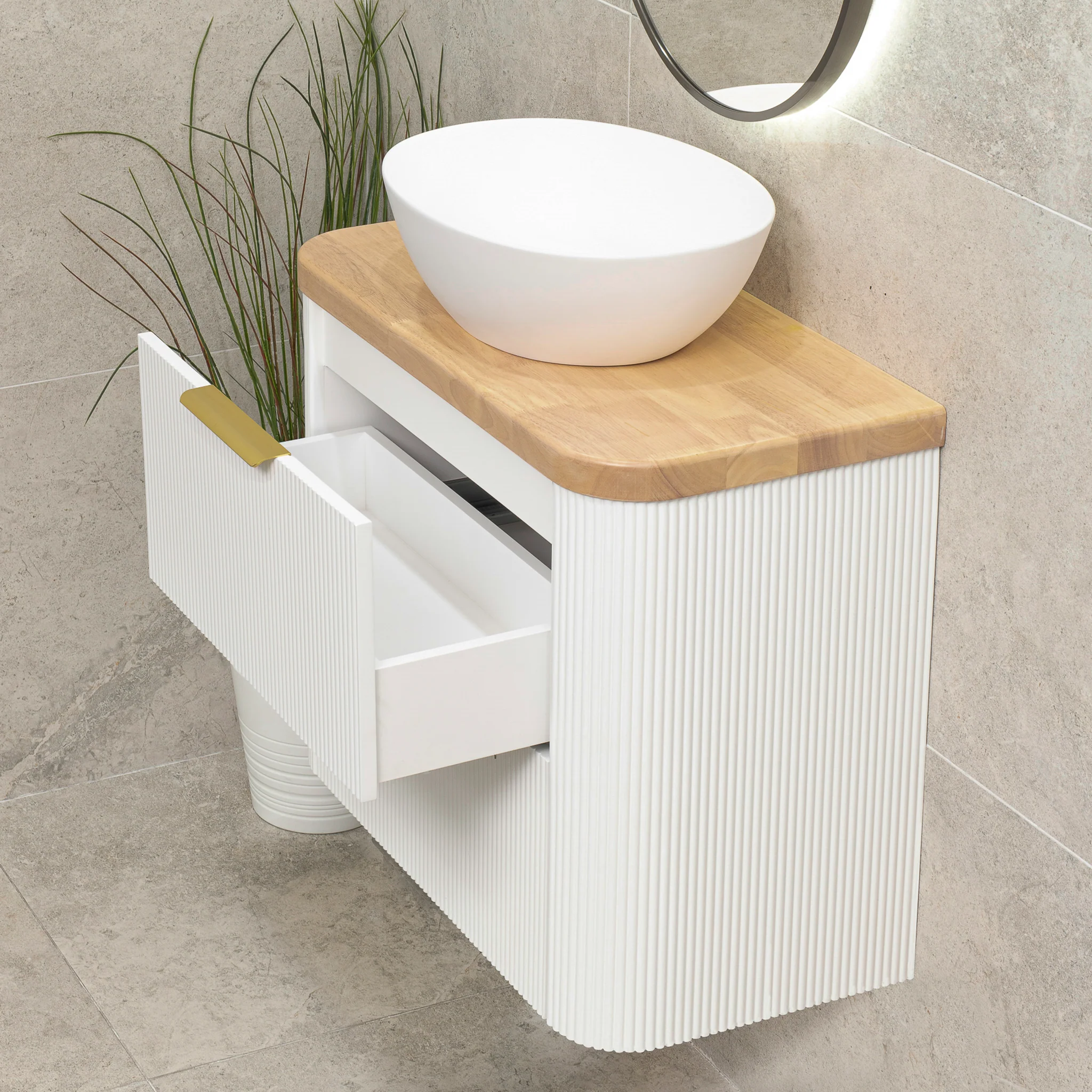 *Clearance* Tura Groove Ensuite 750mm Curved Wall Hung Vanity Cabinet, Matte White - Image 6