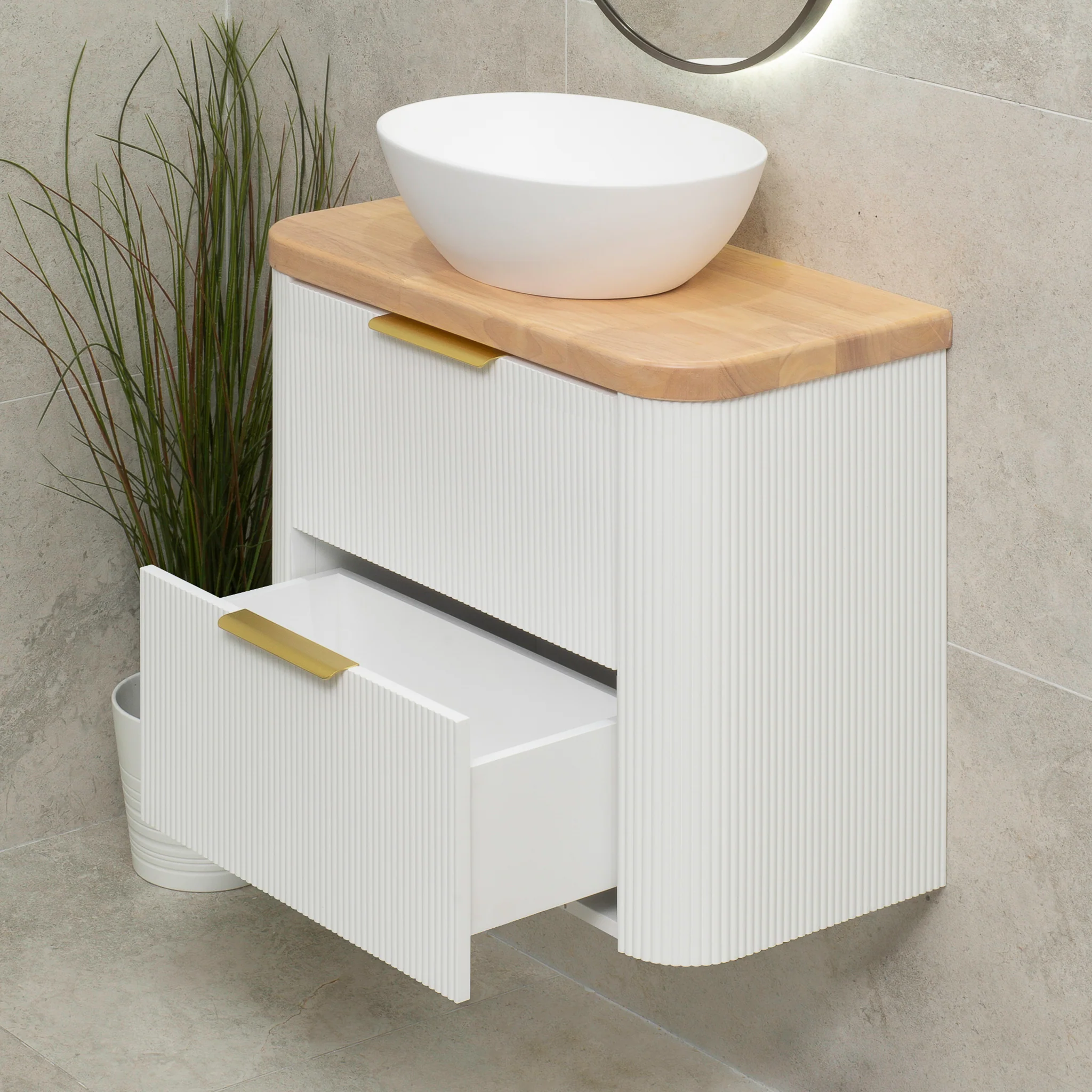 *Clearance* Tura Groove Ensuite 750mm Curved Wall Hung Vanity Cabinet, Matte White - Image 7