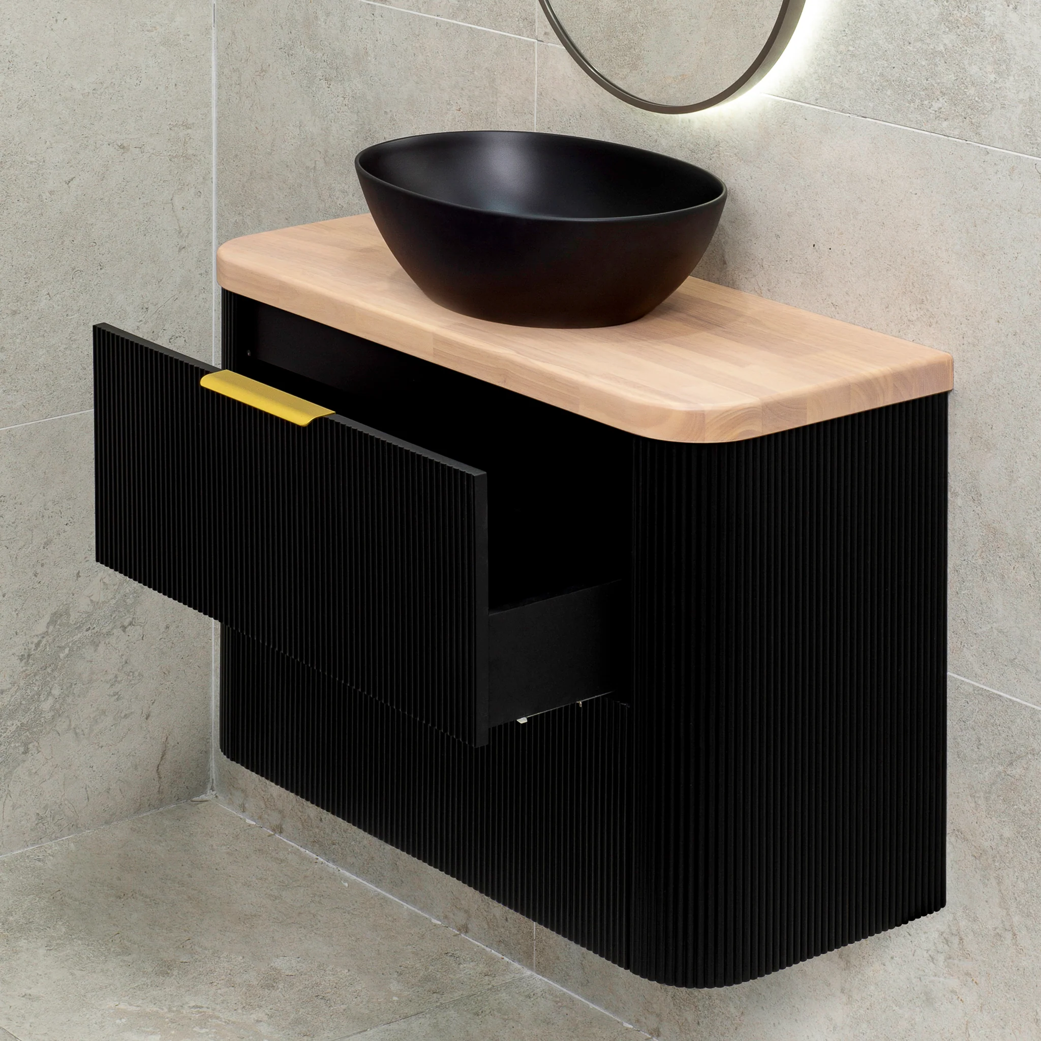 *Clearance* Tura Groove Ensuite 900mm Curved Wall Hung Vanity Cabinet, Matte Black - Image 2