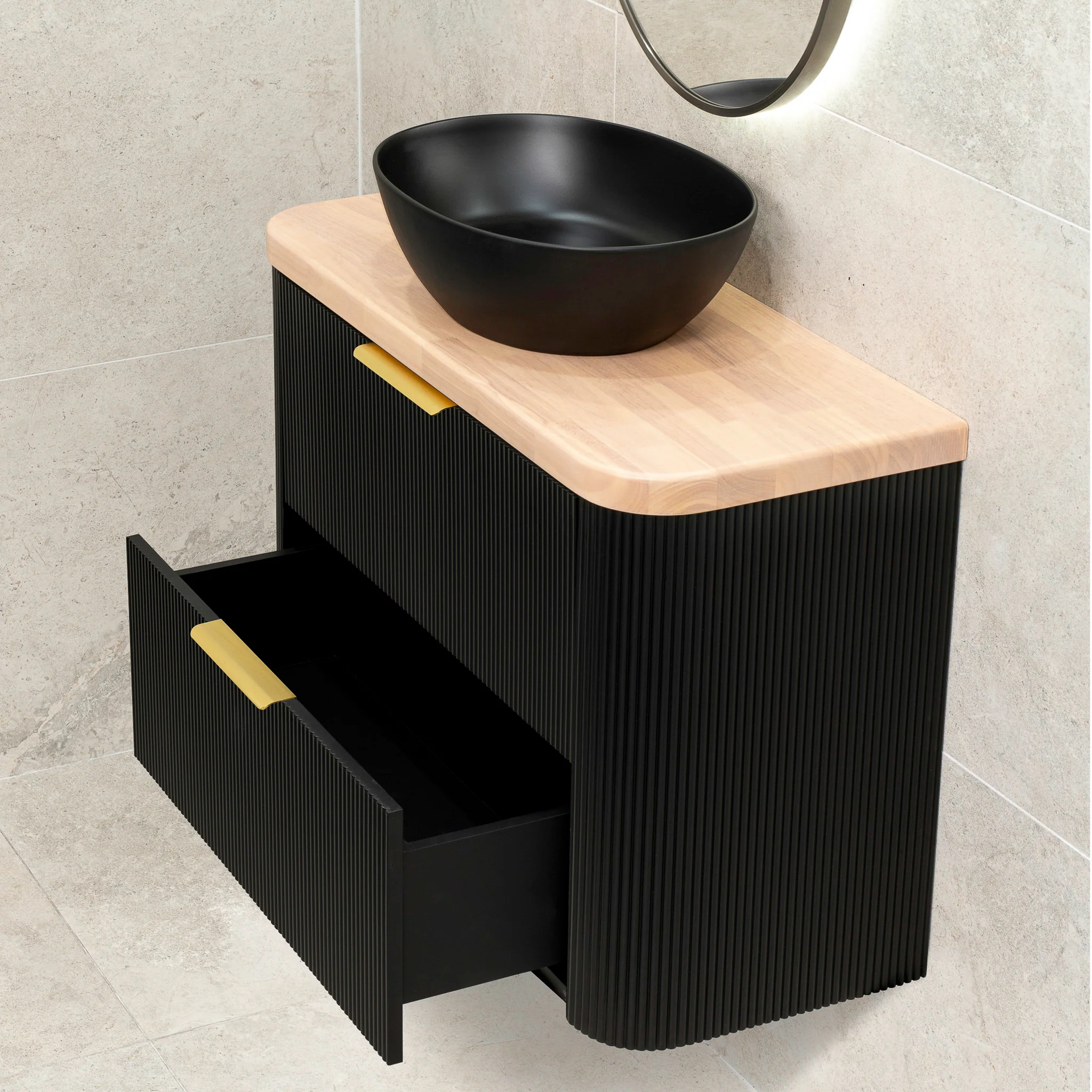 *Clearance* Tura Groove Ensuite 900mm Curved Wall Hung Vanity Cabinet, Matte Black - Image 3