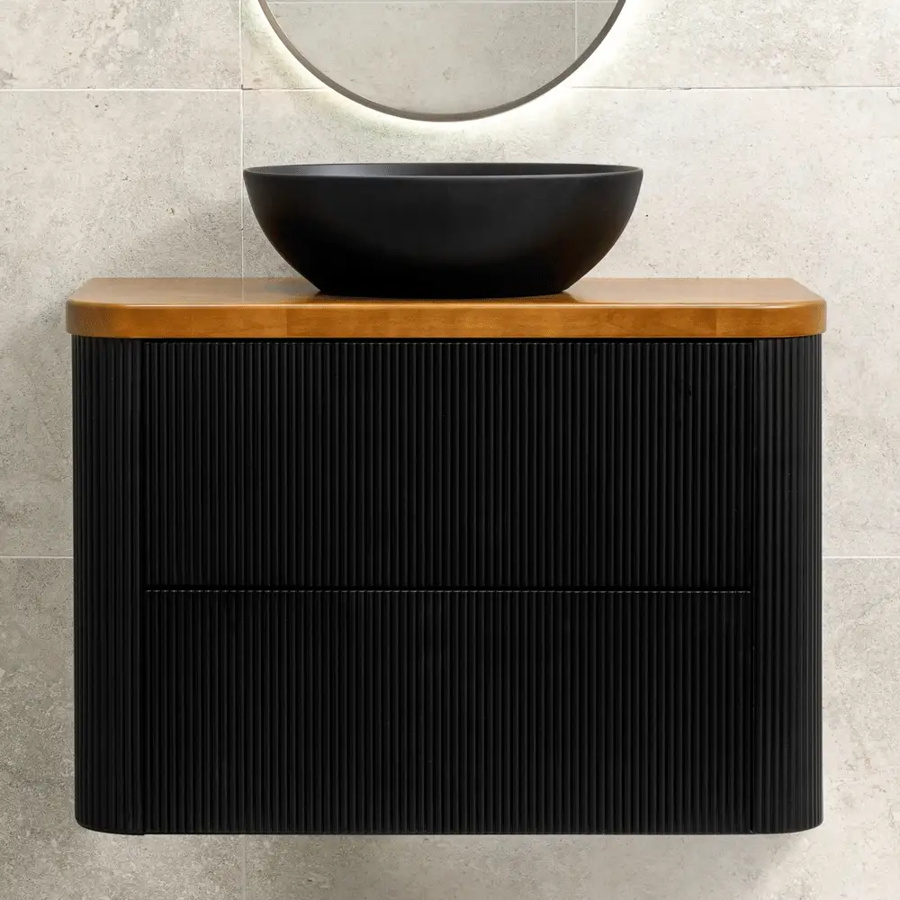 *Clearance* Tura Groove Ensuite 900mm Curved Wall Hung Vanity Cabinet, Matte Black - Image 4