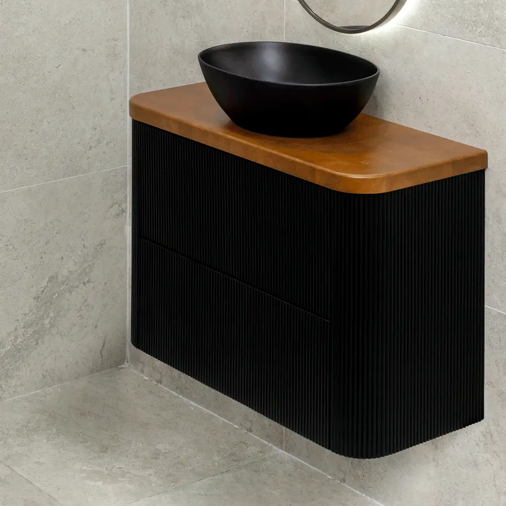 *Clearance* Tura Groove Ensuite 900mm Curved Wall Hung Vanity Cabinet, Matte Black - Image 5