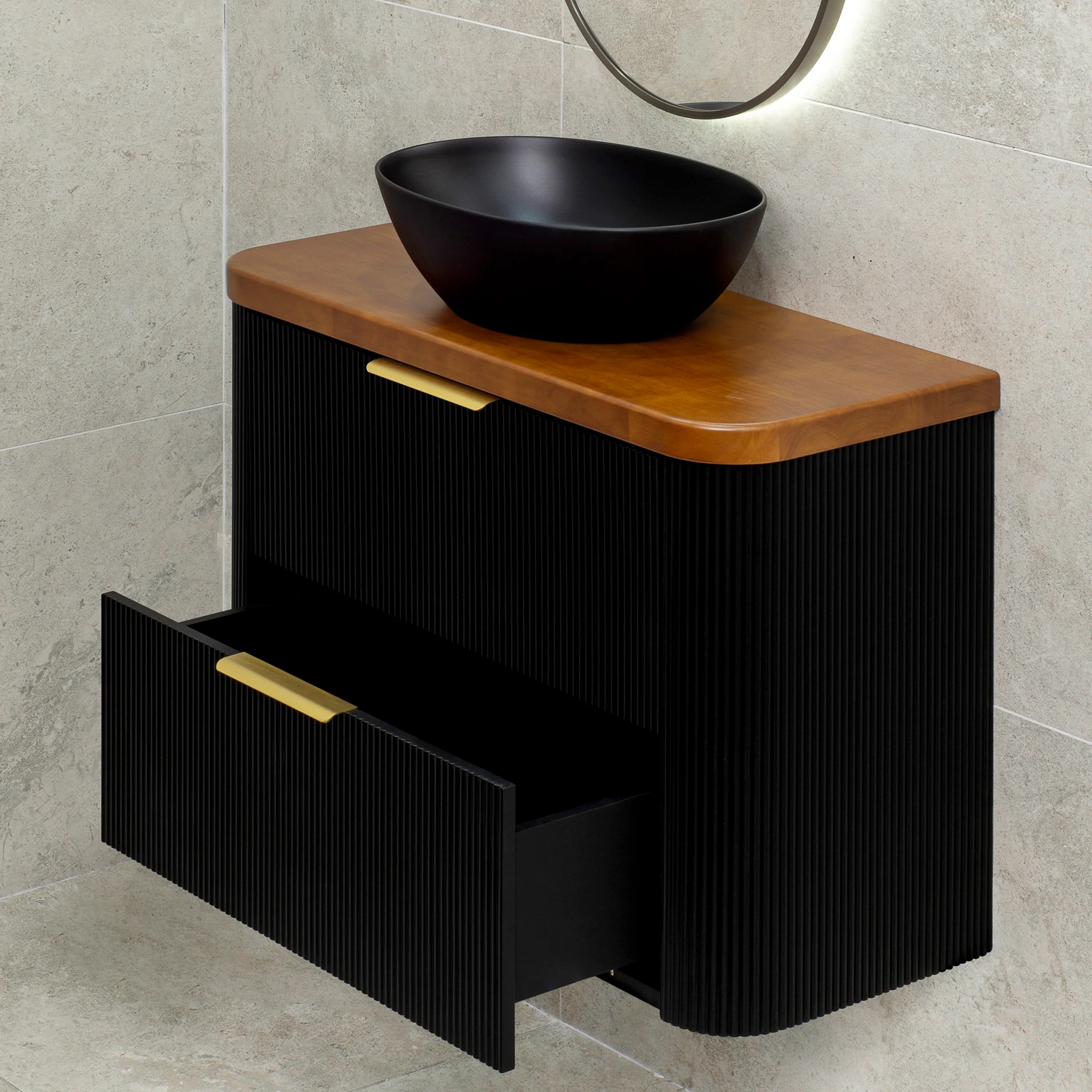 *Clearance* Tura Groove Ensuite 900mm Curved Wall Hung Vanity Cabinet, Matte Black - Image 6