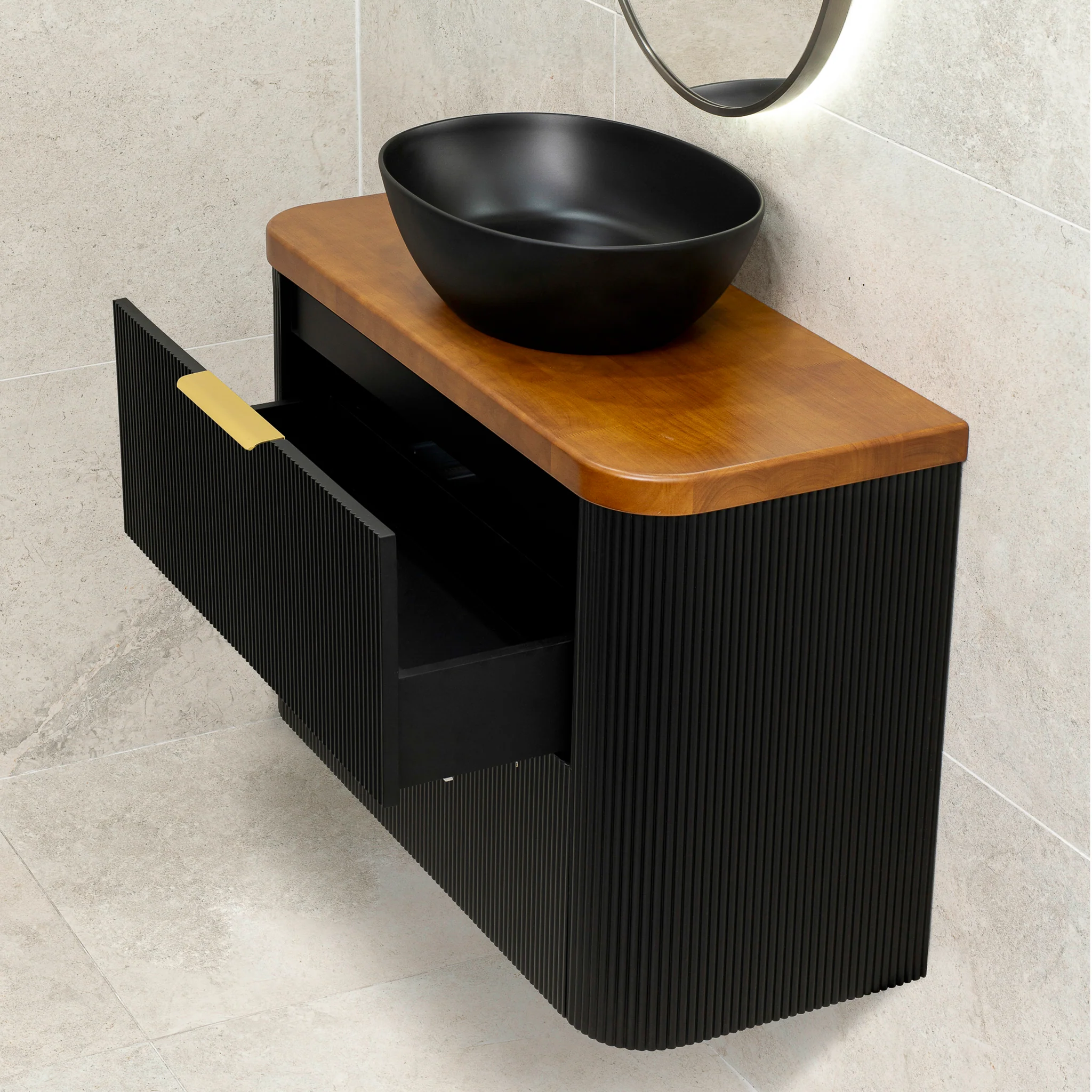 *Clearance* Tura Groove Ensuite 900mm Curved Wall Hung Vanity Cabinet, Matte Black - Image 7