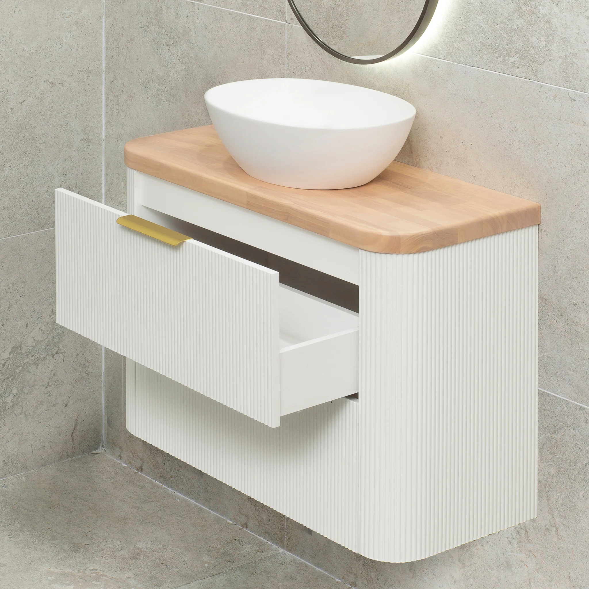 *Clearance* Tura Groove Ensuite 900mm Curved Wall Hung Vanity Cabinet, Matte White - Image 2