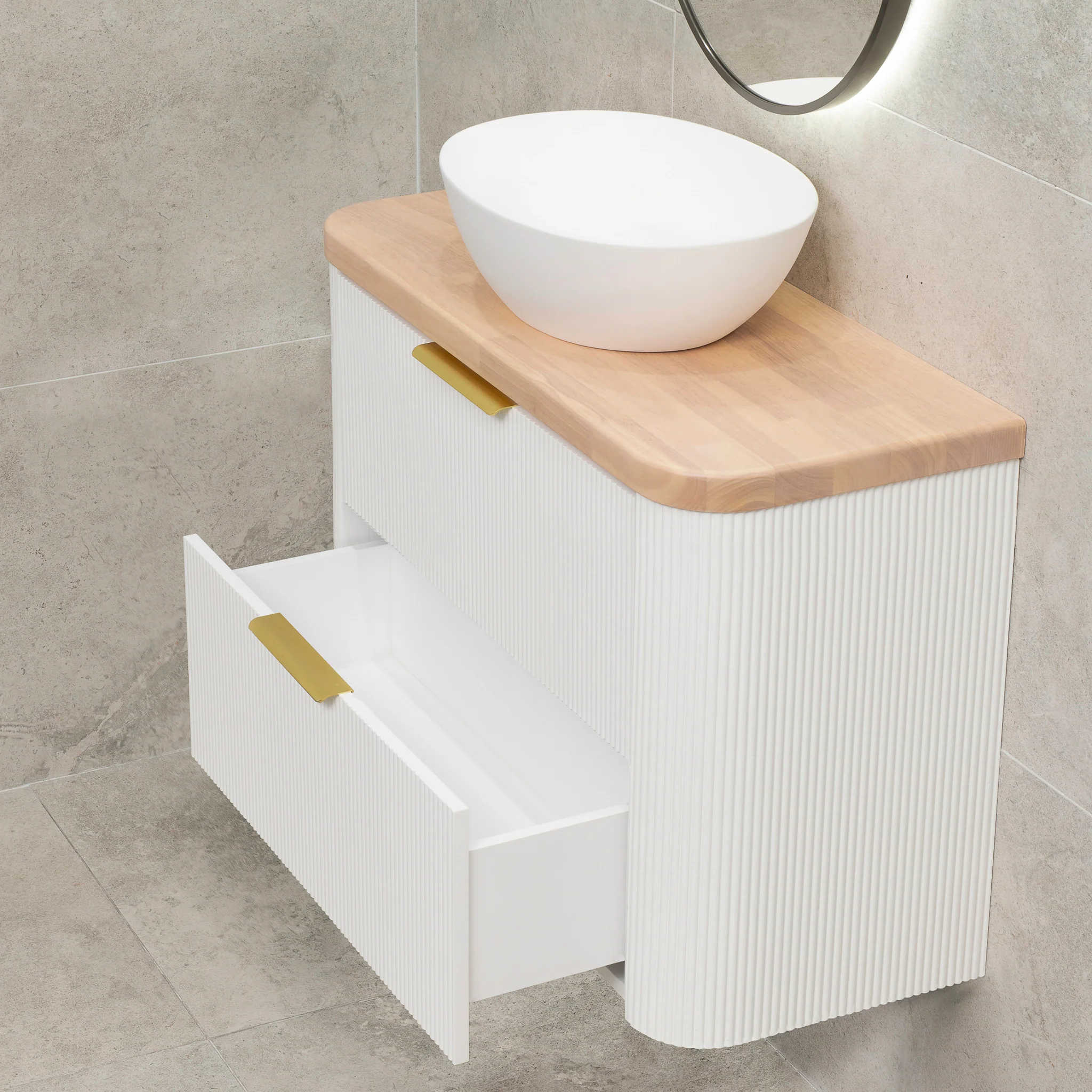 *Clearance* Tura Groove Ensuite 900mm Curved Wall Hung Vanity Cabinet, Matte White - Image 3