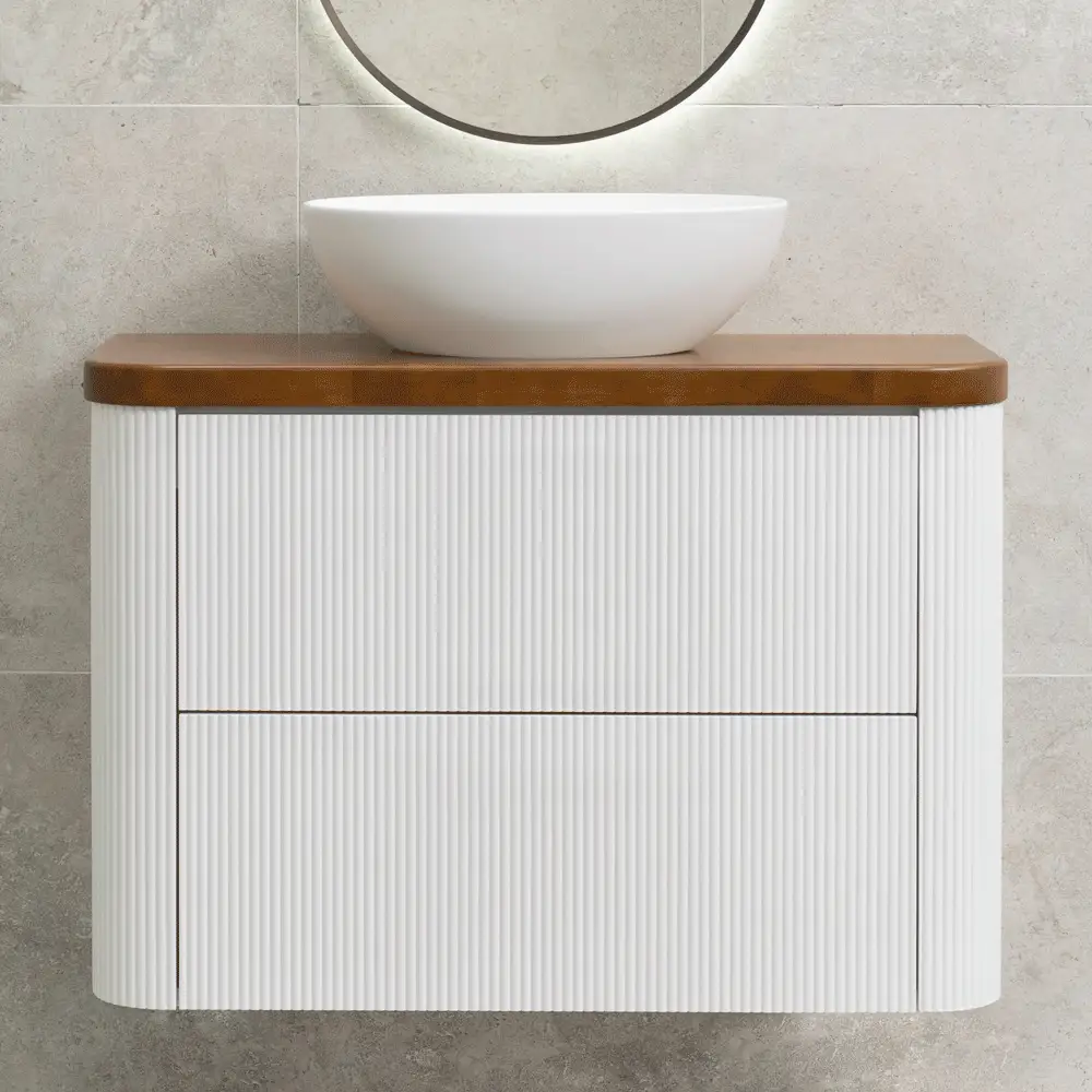 *Clearance* Tura Groove Ensuite 900mm Curved Wall Hung Vanity Cabinet, Matte White - Image 4