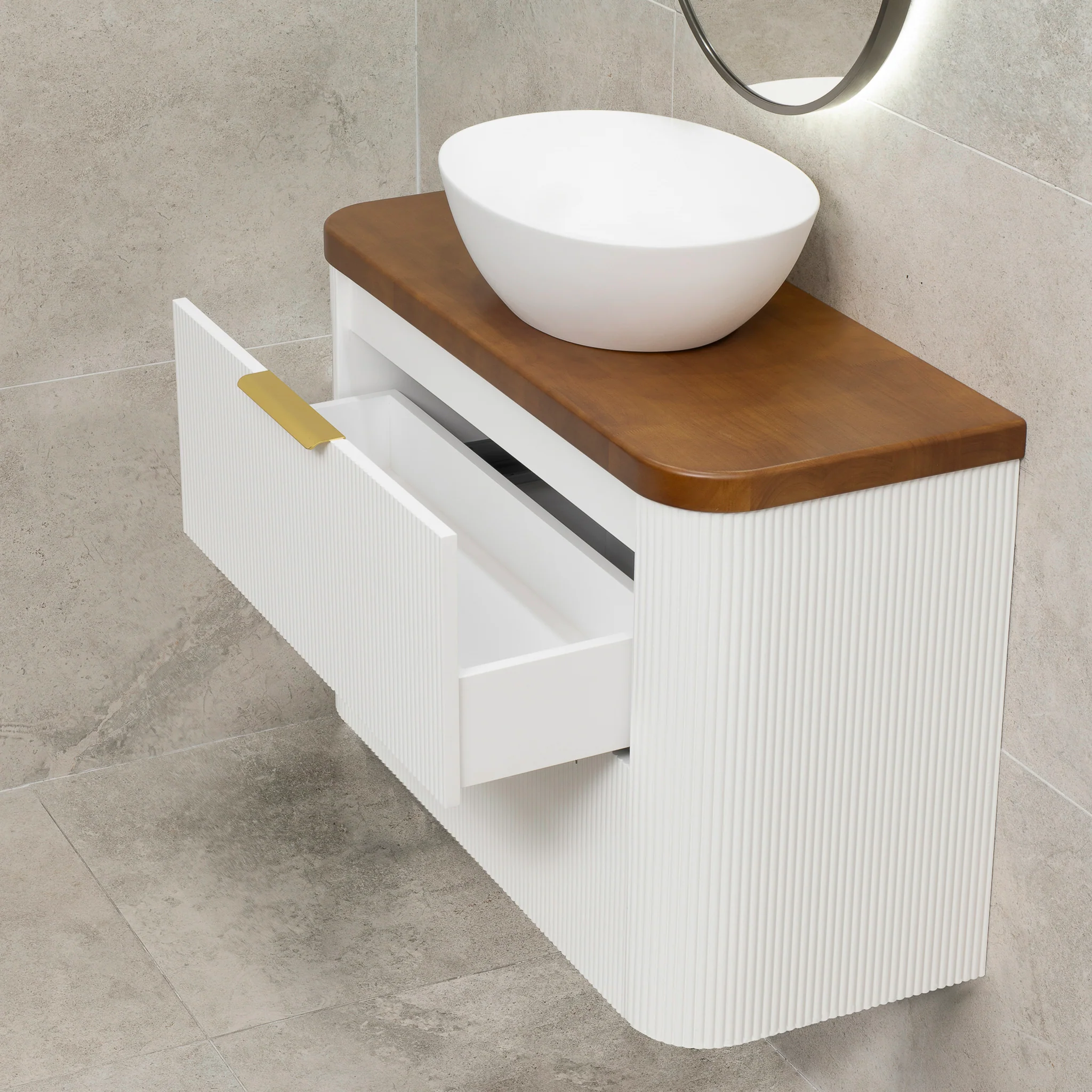 *Clearance* Tura Groove Ensuite 900mm Curved Wall Hung Vanity Cabinet, Matte White - Image 6