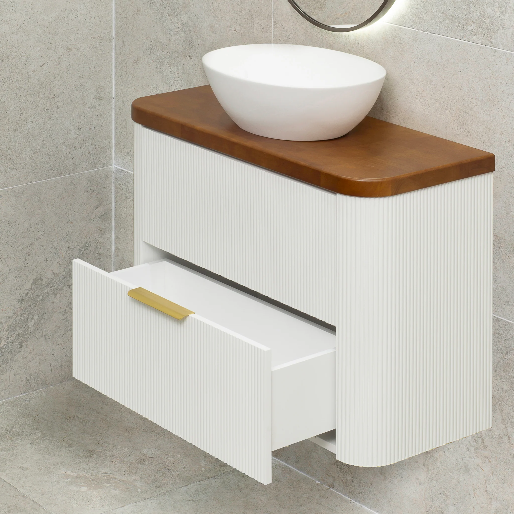 *Clearance* Tura Groove Ensuite 900mm Curved Wall Hung Vanity Cabinet, Matte White - Image 7