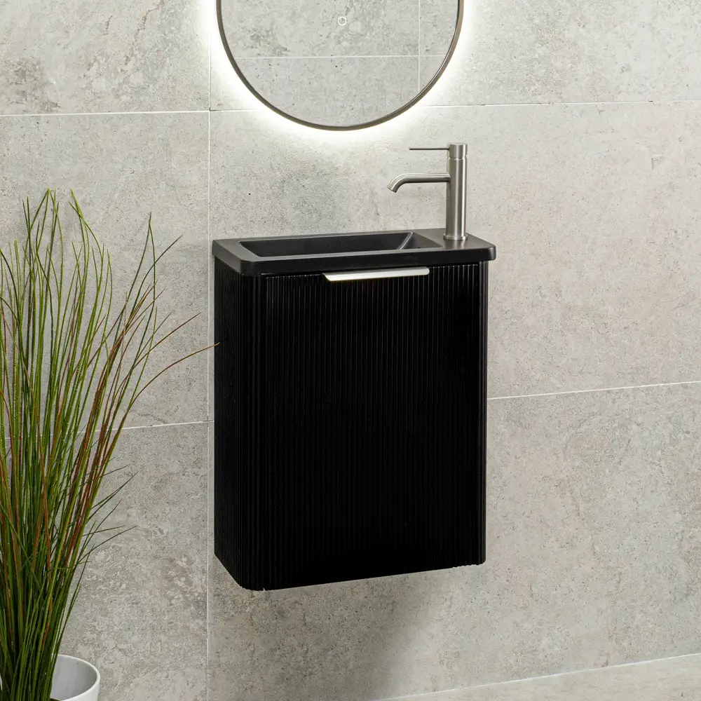 *Clearance* Tura Groove Petite 500mm Curved Wall Hung Slim Vanity Cabinet, Matte Black